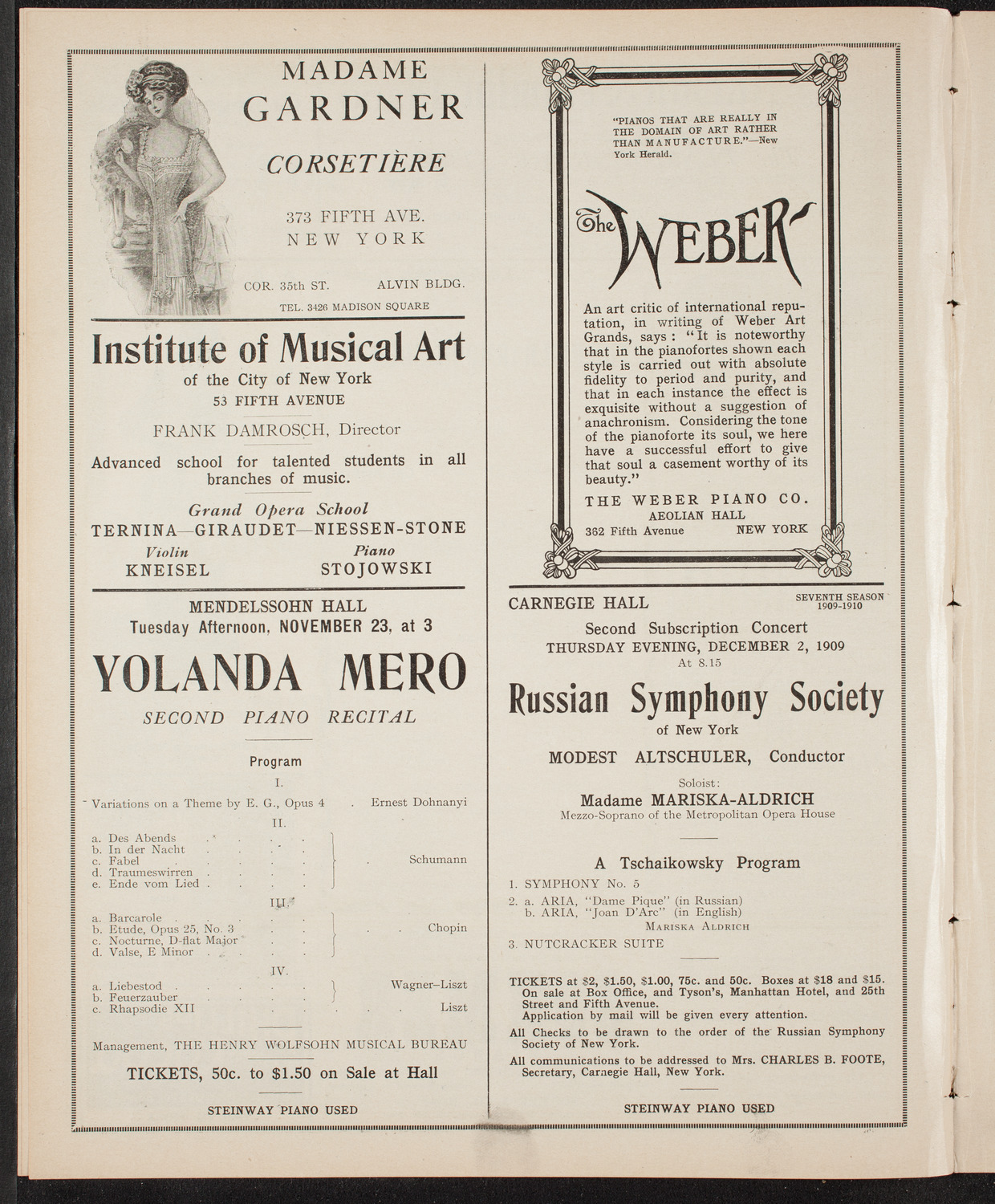 New York Philharmonic, November 21, 1909, program page 6