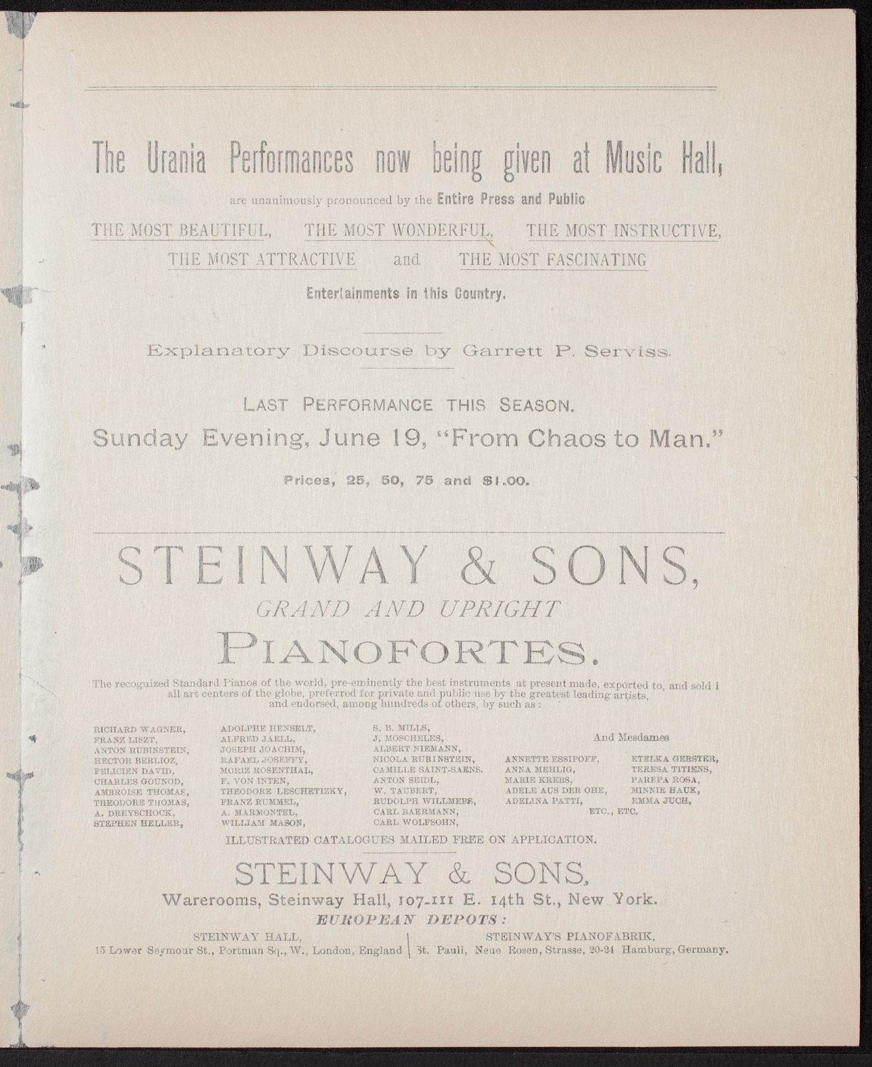 Urania Scientific Theatre, June 18, 1892, program page 3