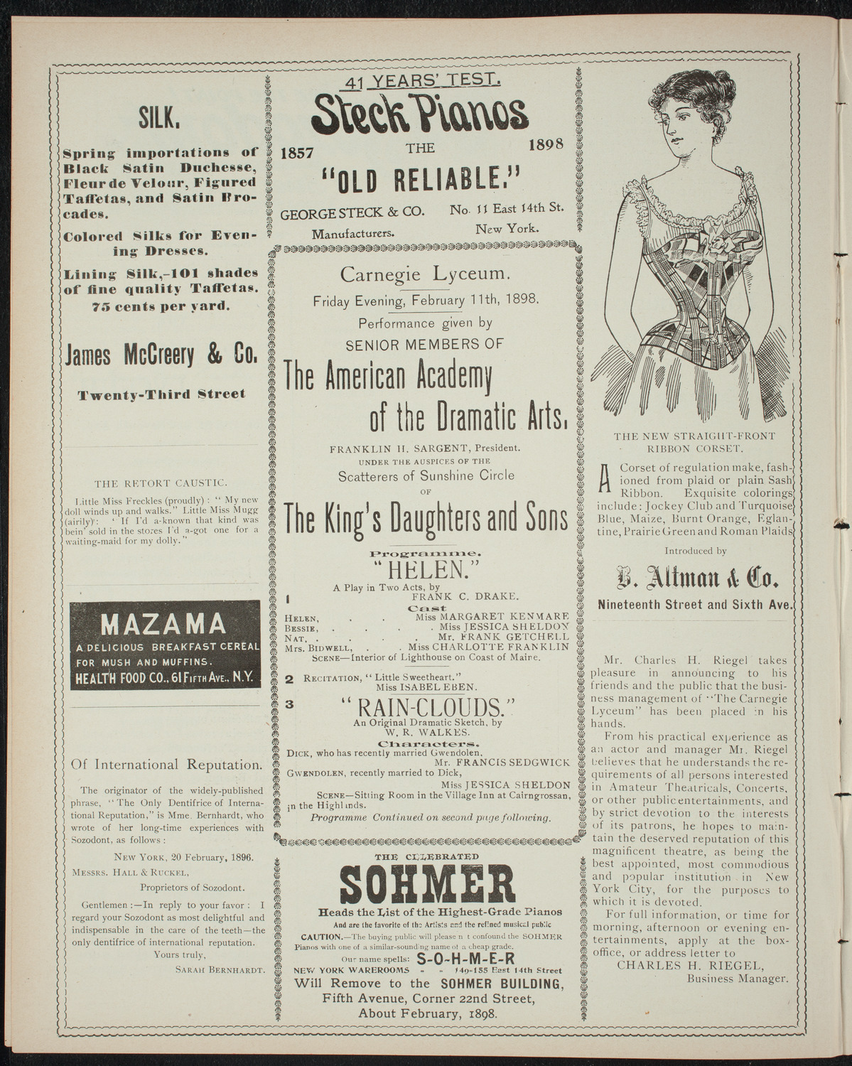 Performance by Senior Members of the American Academy of the Dramatic Arts, February 11, 1898, program page 4