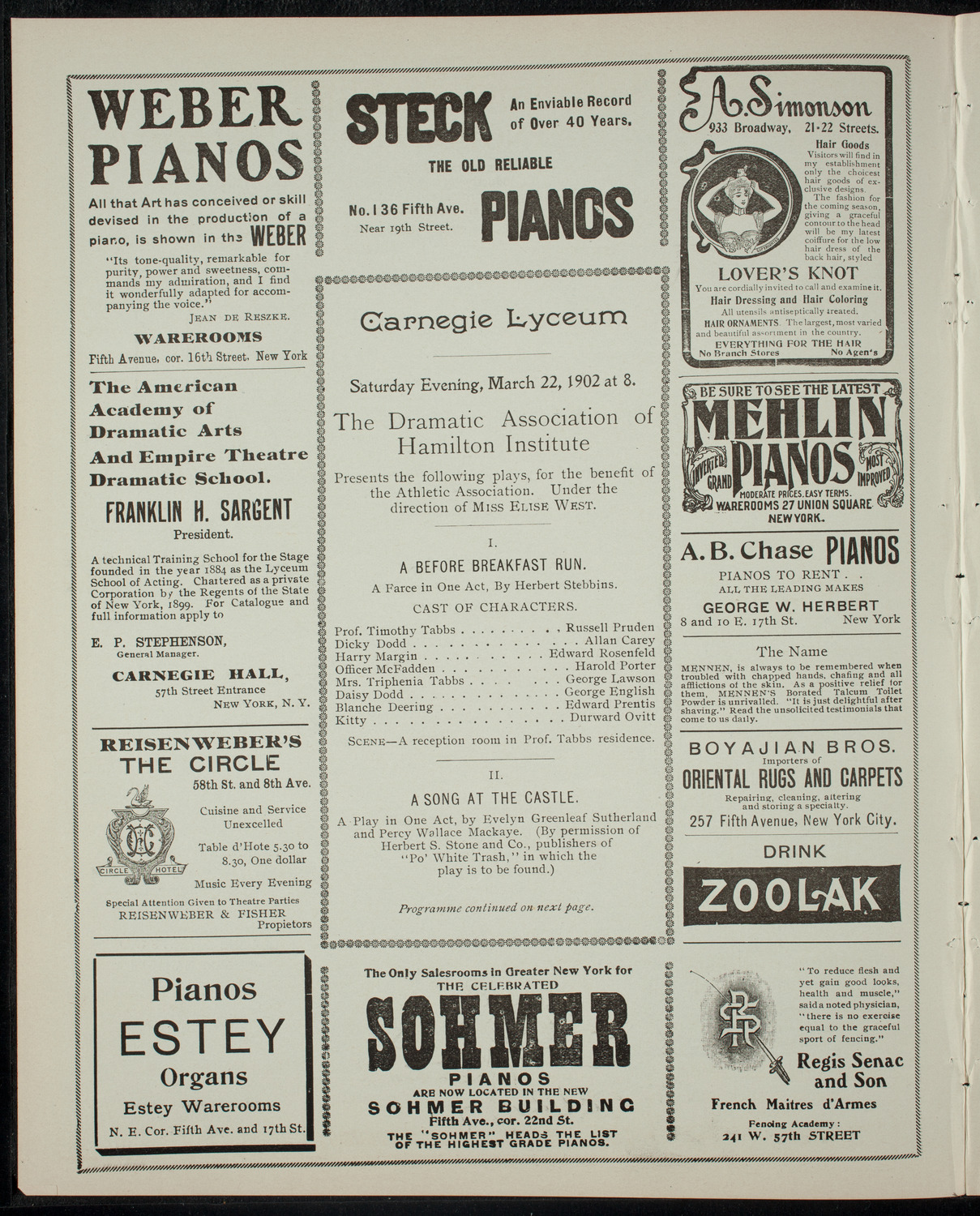 Hamilton Institute Dramatic Association, March 22, 1902, program page 2