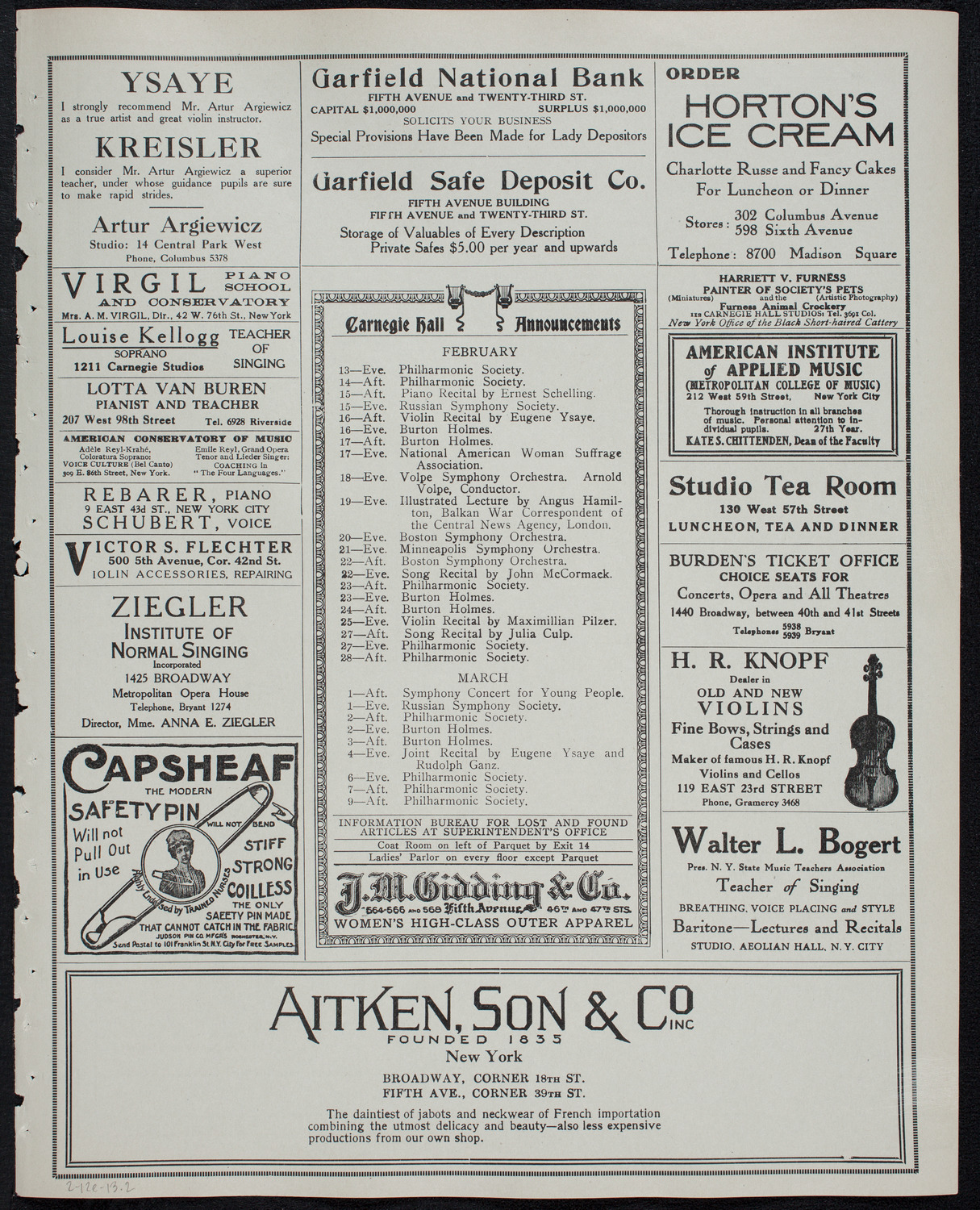 Clef Club Orchestra / Benefit: Music School Settlement for Colored People of the City of New York, February 12, 1913, program page 3