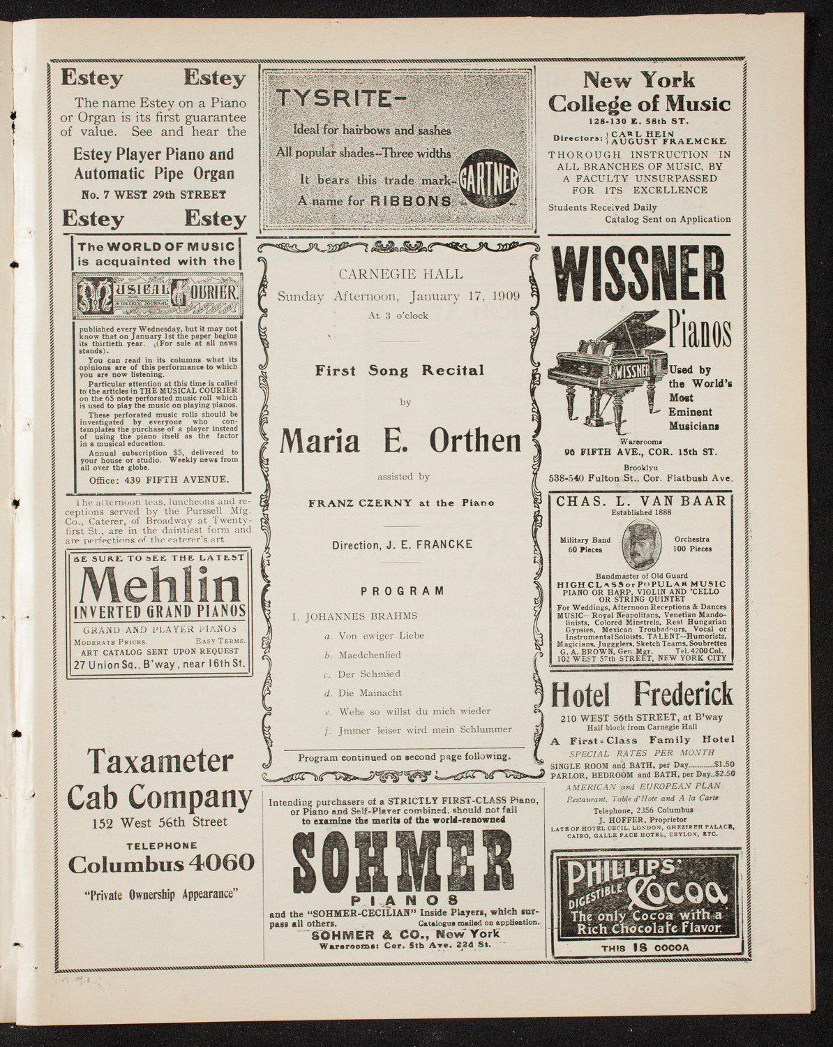 Maria E. Orthen, Soprano, January 17, 1909, program page 5