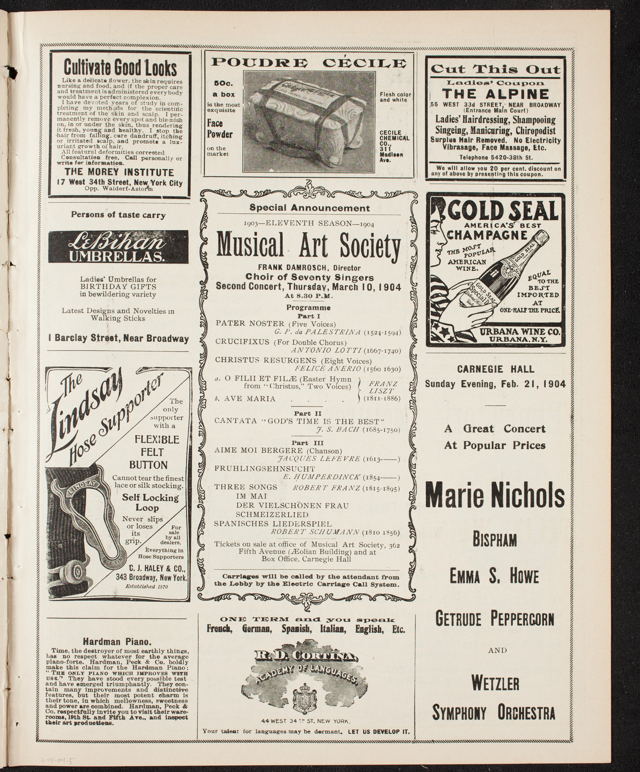 Susan Metcalfe, Soprano, David Bispham, Baritone, Jacques Thibaud, Violin, Pablo Casals, Cello, and Felix Weingartner, Piano, February 15, 1904, program page 9