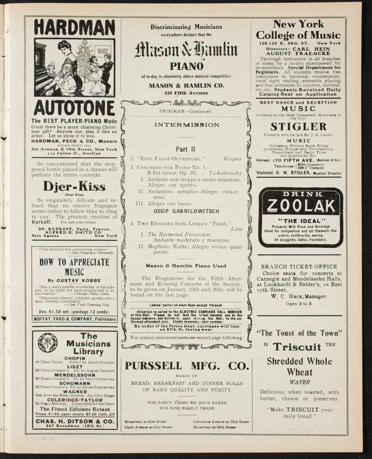 Mieczyslaw Horszowski, Piano, January 6, 1907, program page 7