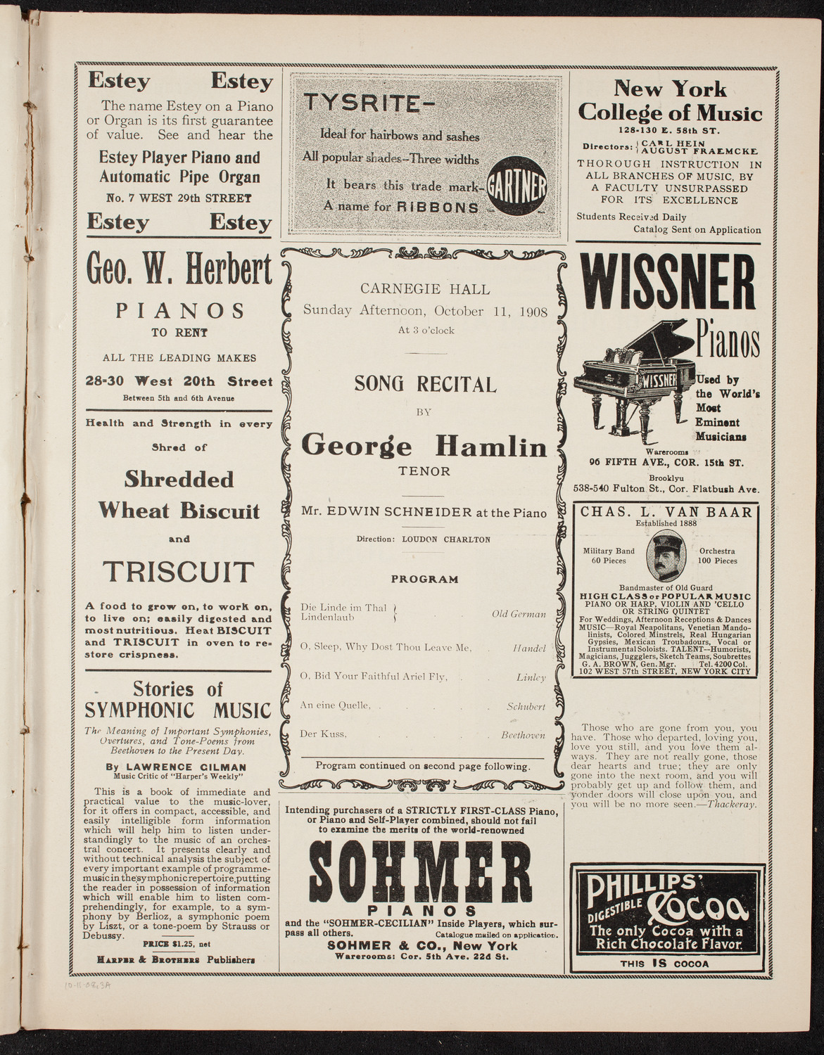 George Hamlin, Tenor, October 11, 1908, program page 5