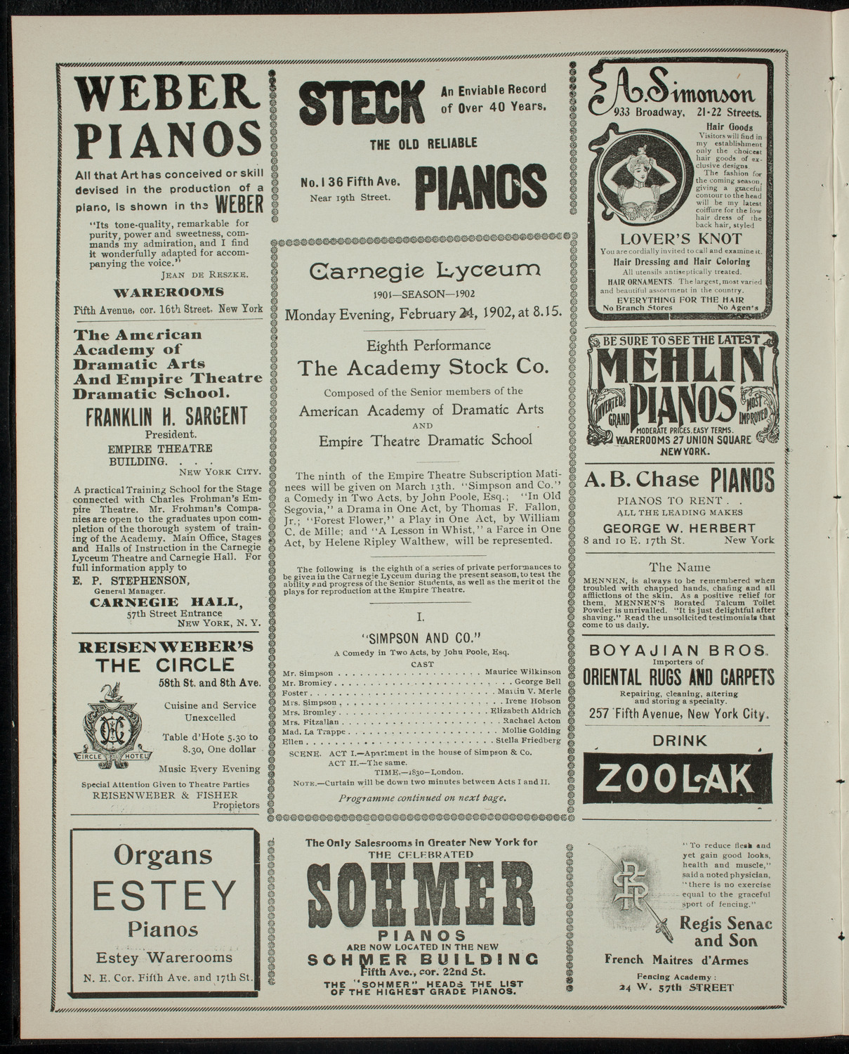 Academy Stock Company of the American Academy of Dramatic Arts and Empire Theatre Dramatic School, February 24, 1902, program page 2