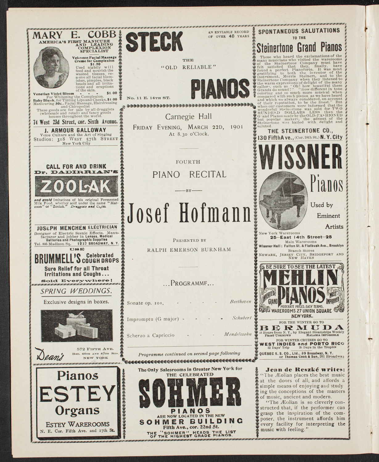 Josef Hofmann, Piano, March 22, 1901, program page 4