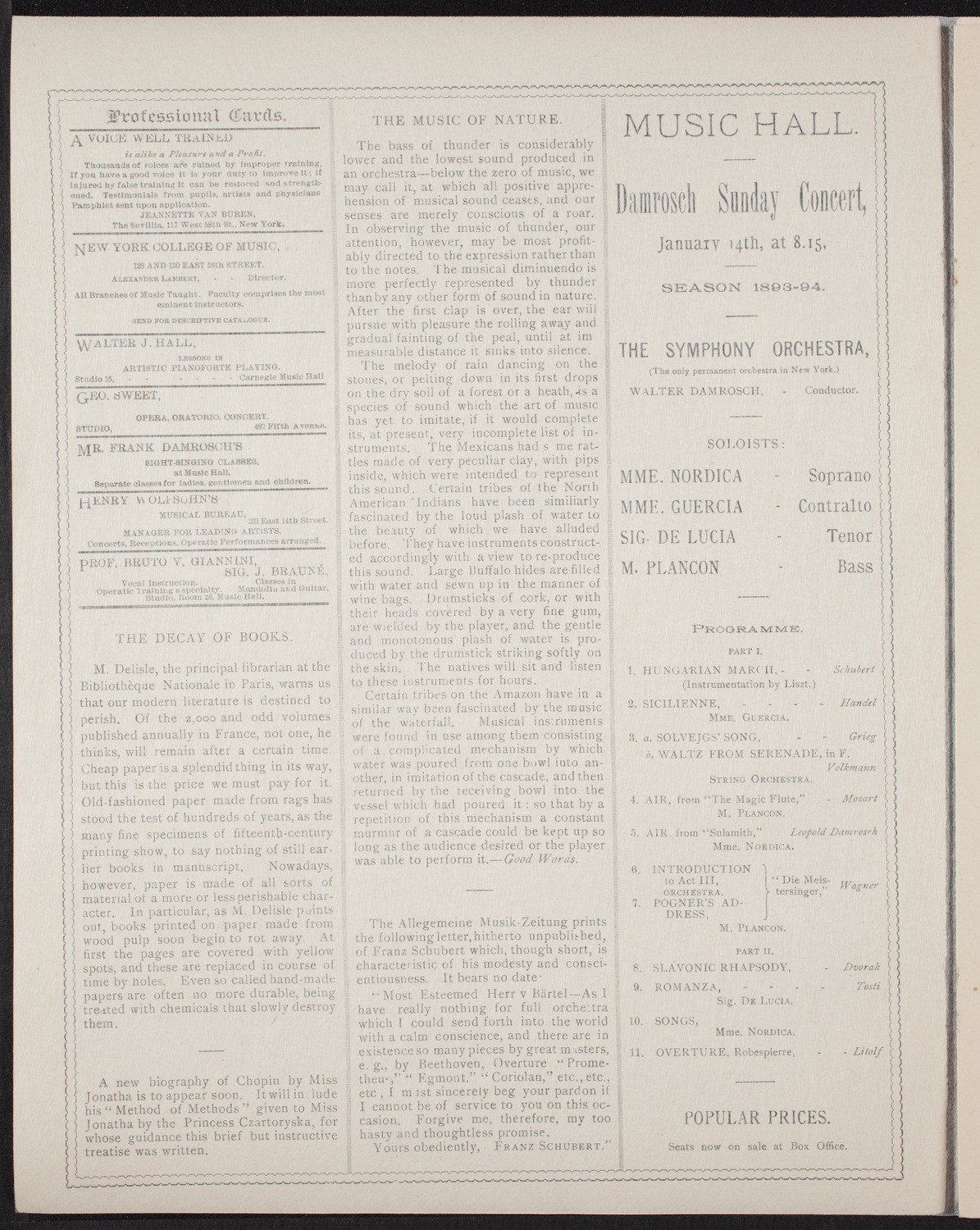New York Philharmonic, January 13, 1894, program page 2