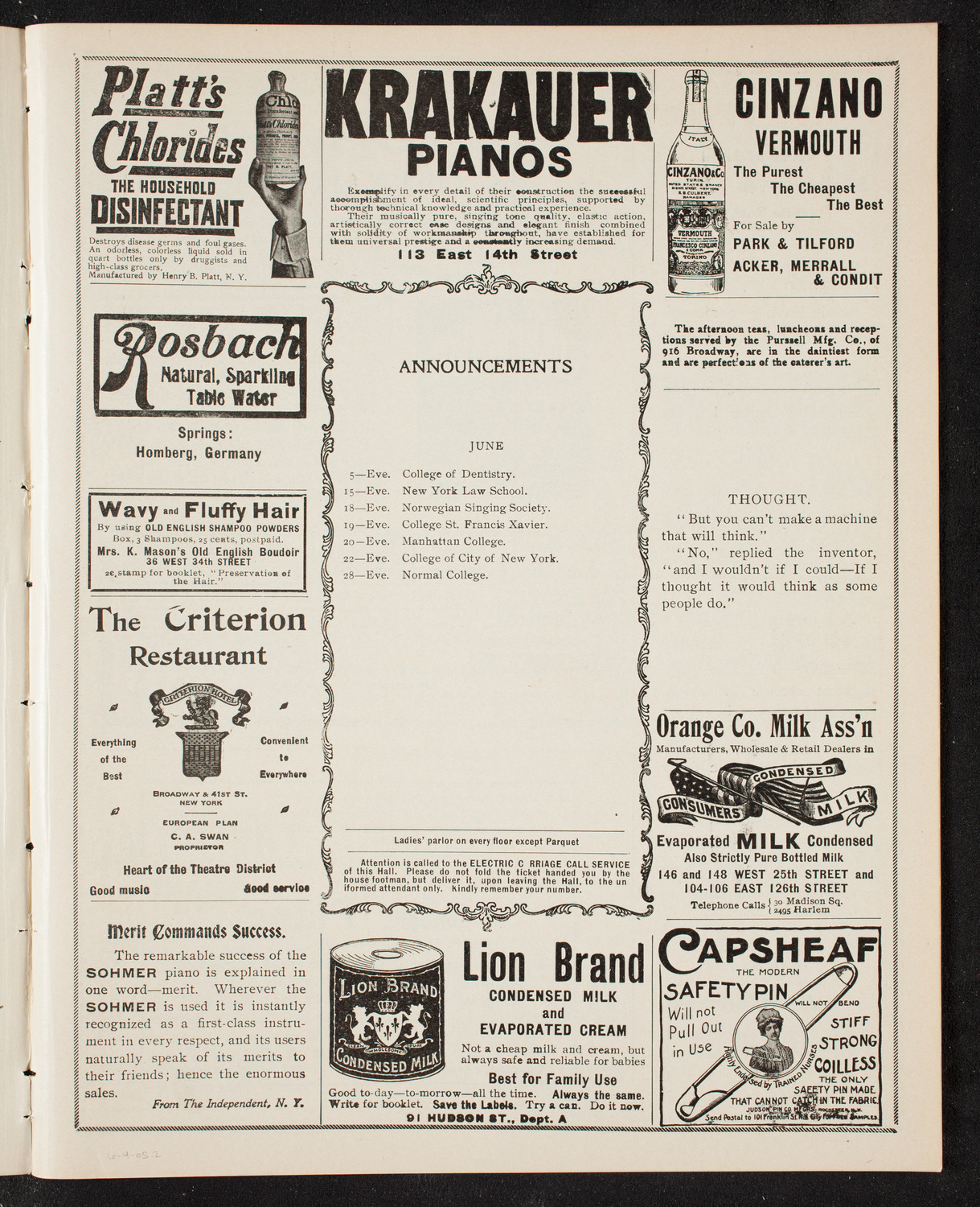 Amicitia Amateur Band, June 4, 1905, program page 3