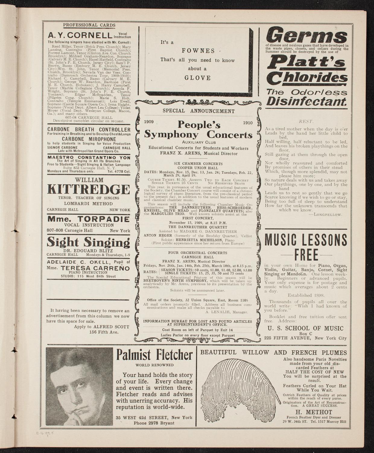 New York Symphony Orchestra, November 16, 1909, program page 9