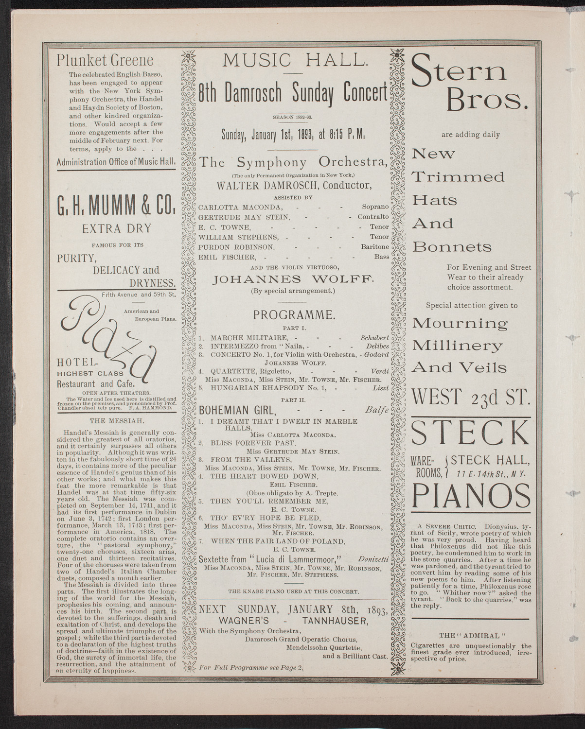 Damrosch Sunday Concert, January 1, 1893, program page 4