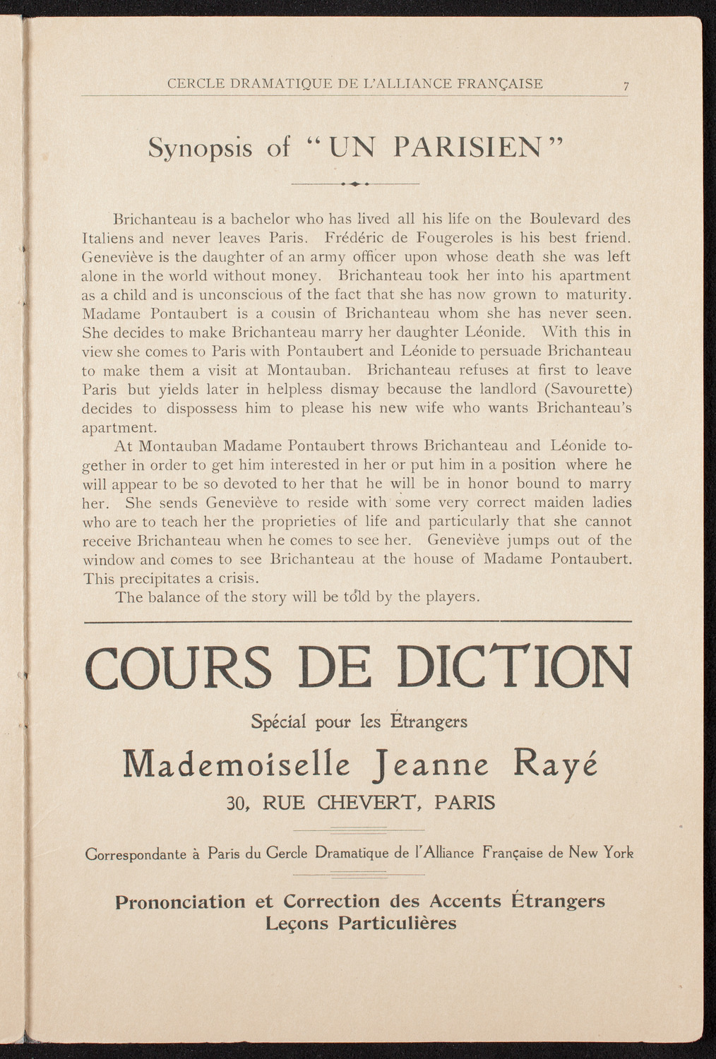 Cercle Dramatique de l'Alliance Française de New York, March 25, 1909, program page 7