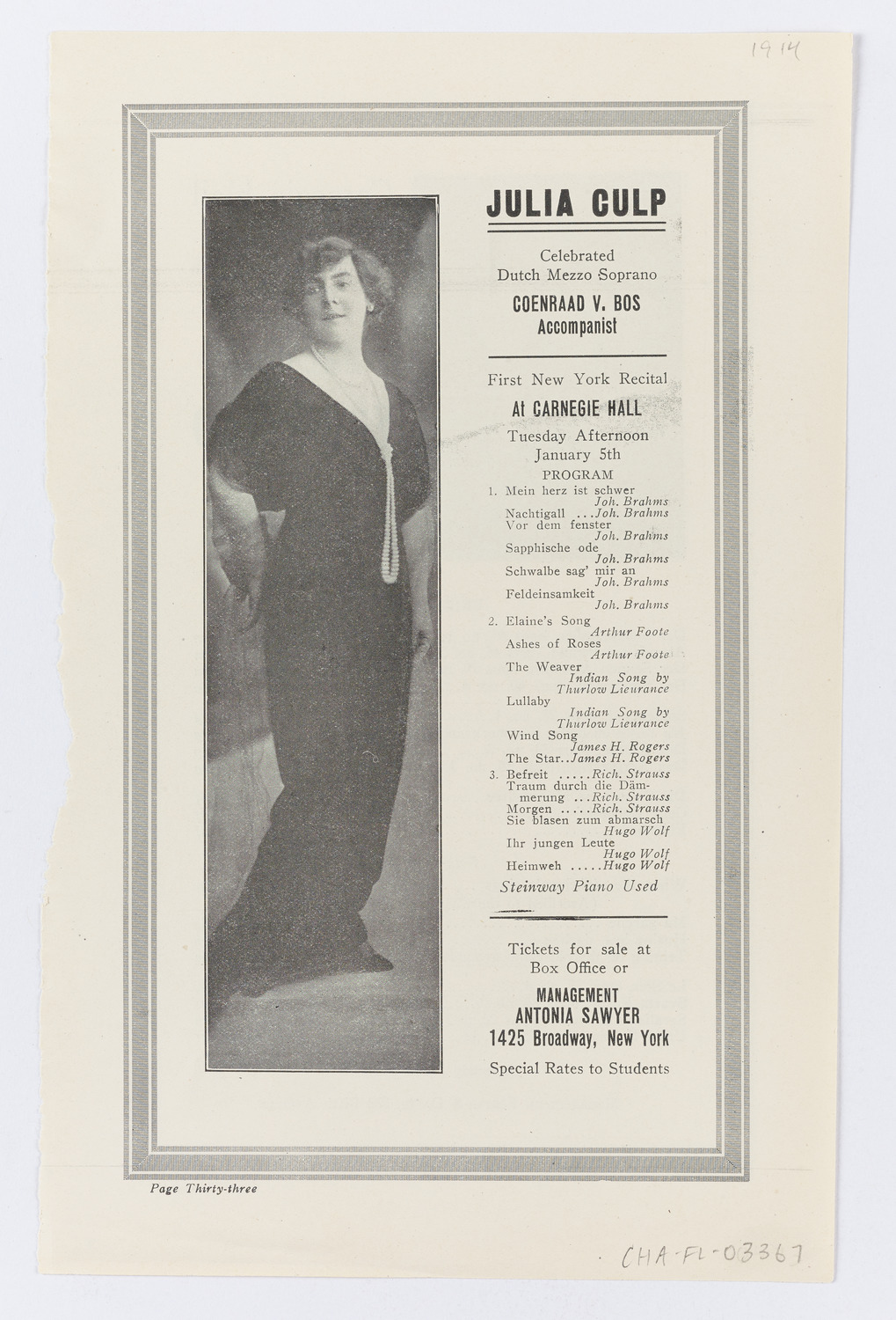 Julia Culp, January 5, 1915