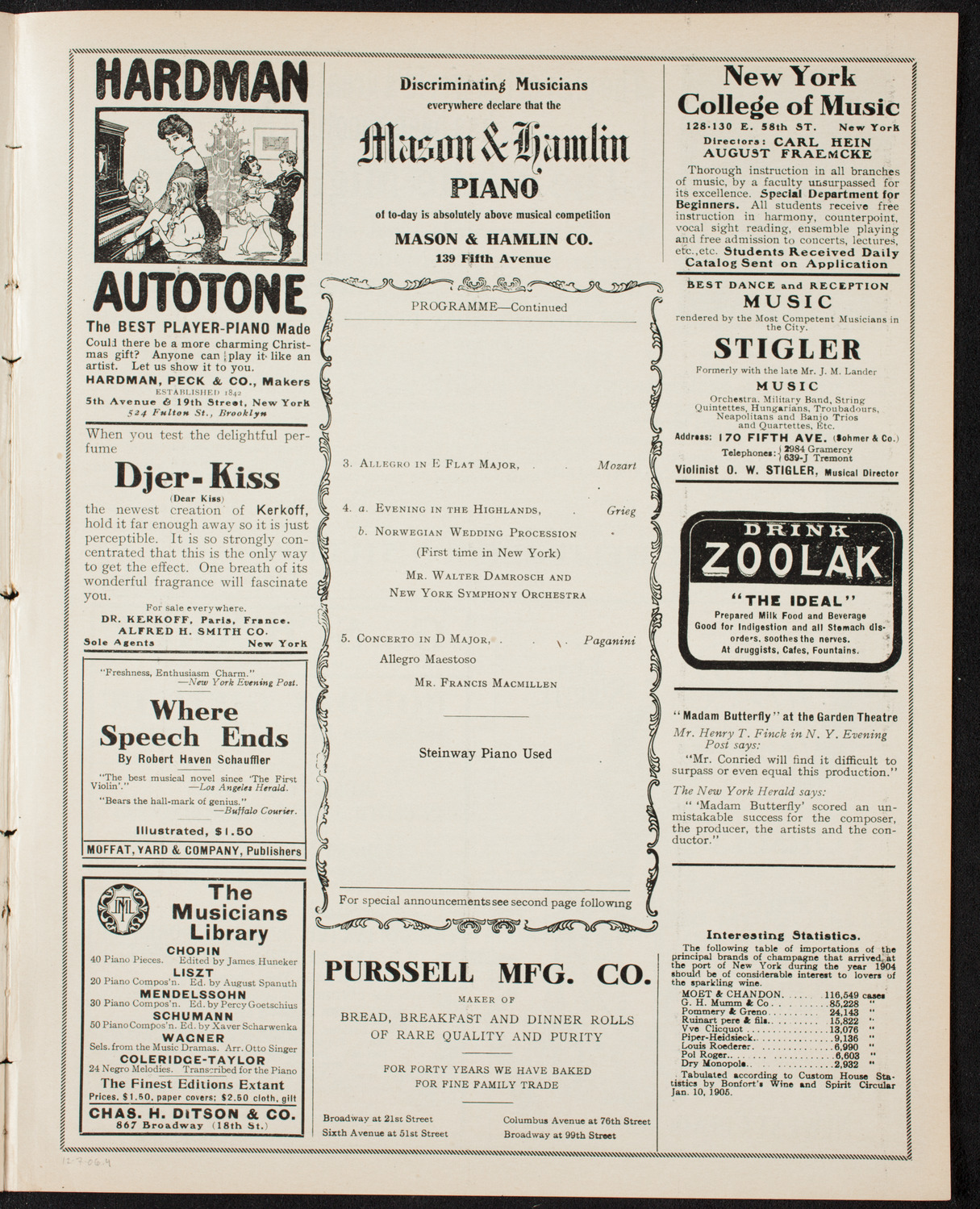 Frances Macmillen with New York Symphony Orchestra, December 7, 1906, program page 7