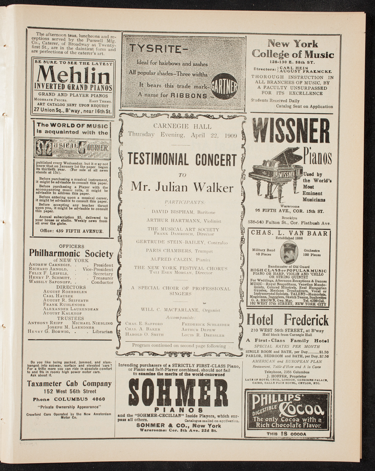 Testimonial Concert to Julian Walker, April 22, 1909, program page 5