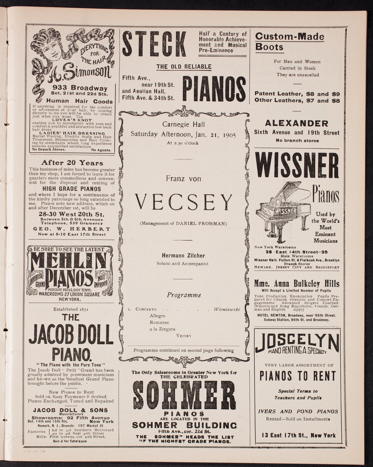 Franz von Vecsey, Violin, January 21, 1905, program page 5