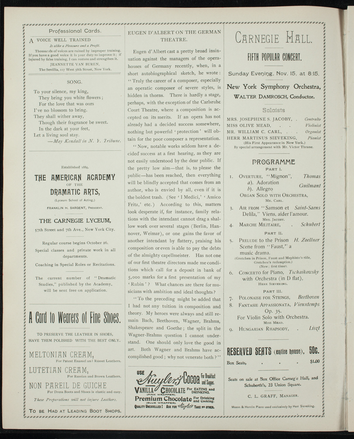 New York Philharmonic, November 14, 1896, program page 2