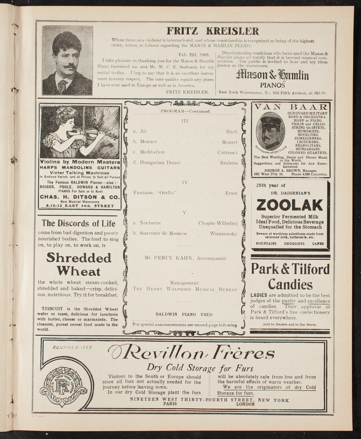 Mischa Elman, Violin, March 9, 1910, program page 7