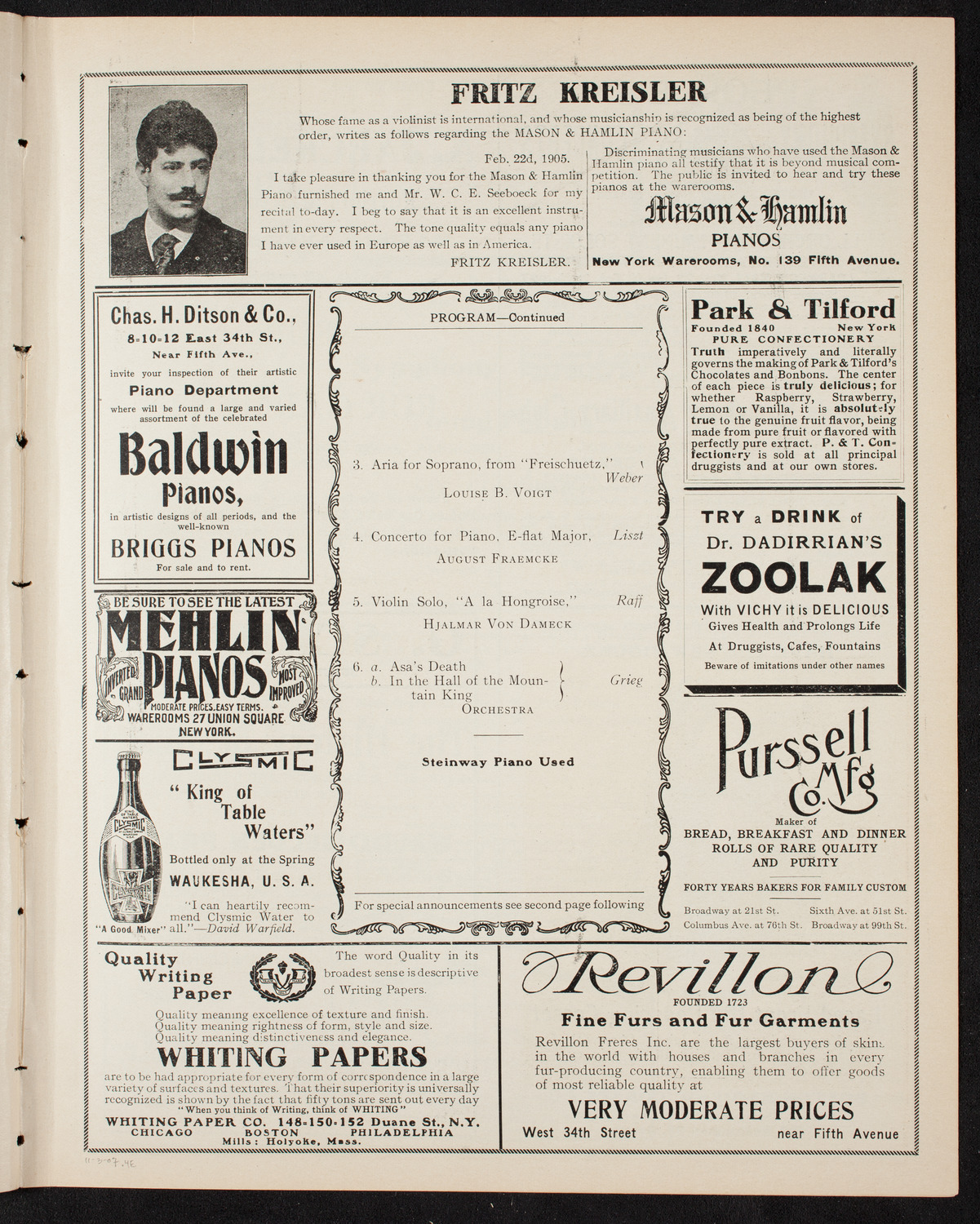 New York College of Music and New York German Conservatory of Music Faculty Concert with Orchestra, November 3, 1907, program page 7