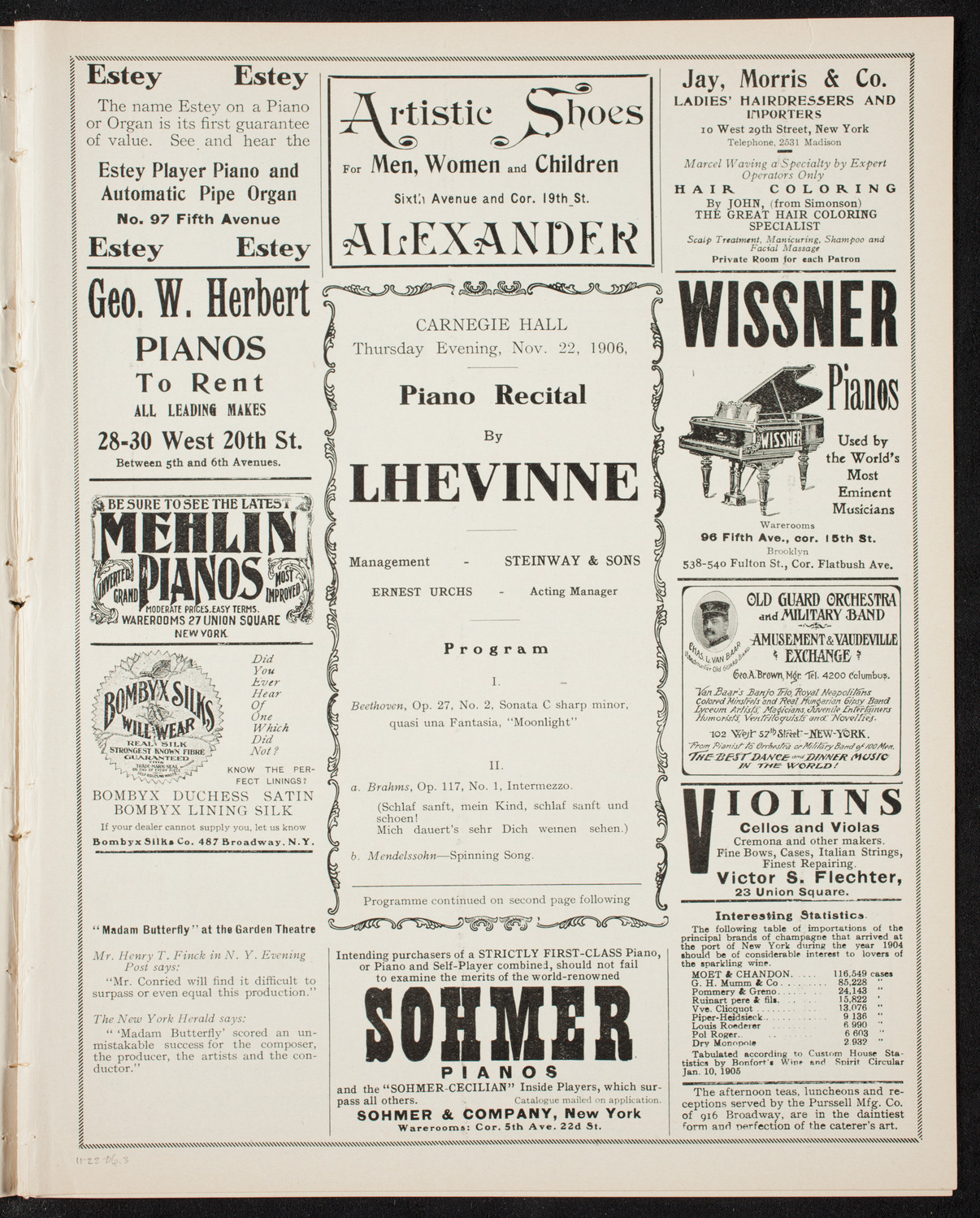 Josef Lhévinne, Piano, November 22, 1906, program page 5