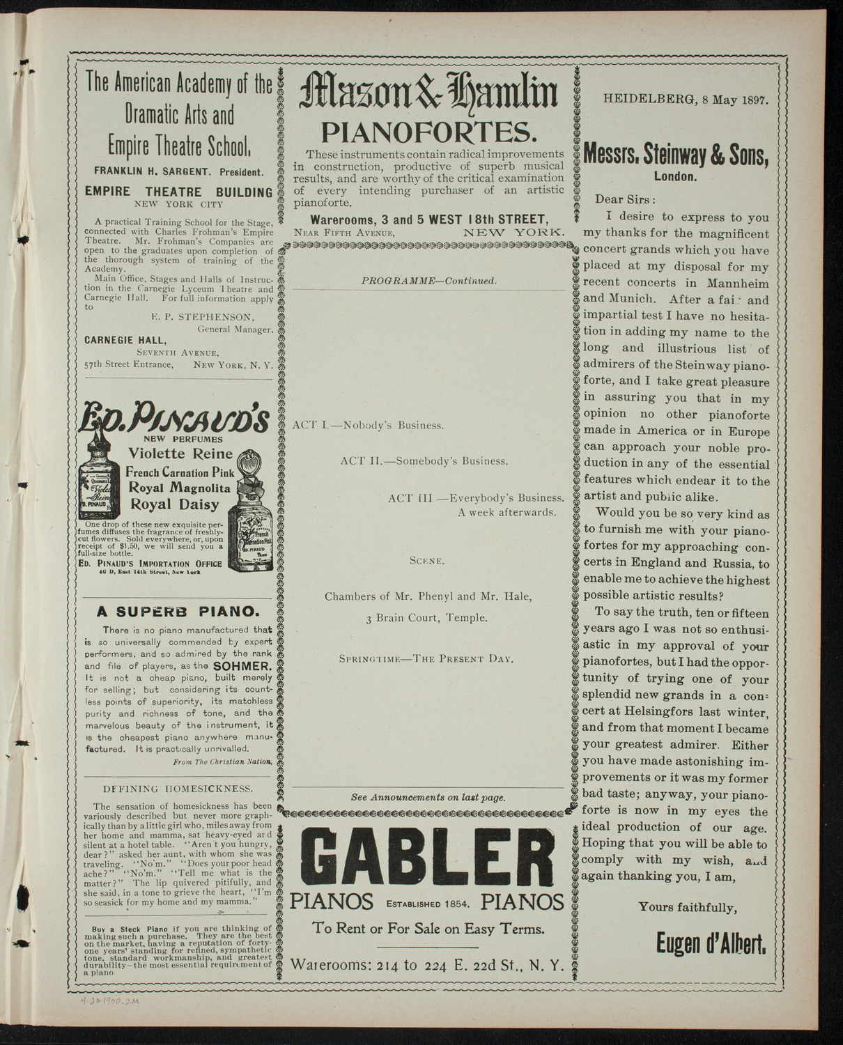 American Academy of Dramatic Arts Private Dress Rehearsal, April 20, 1900, program page 3