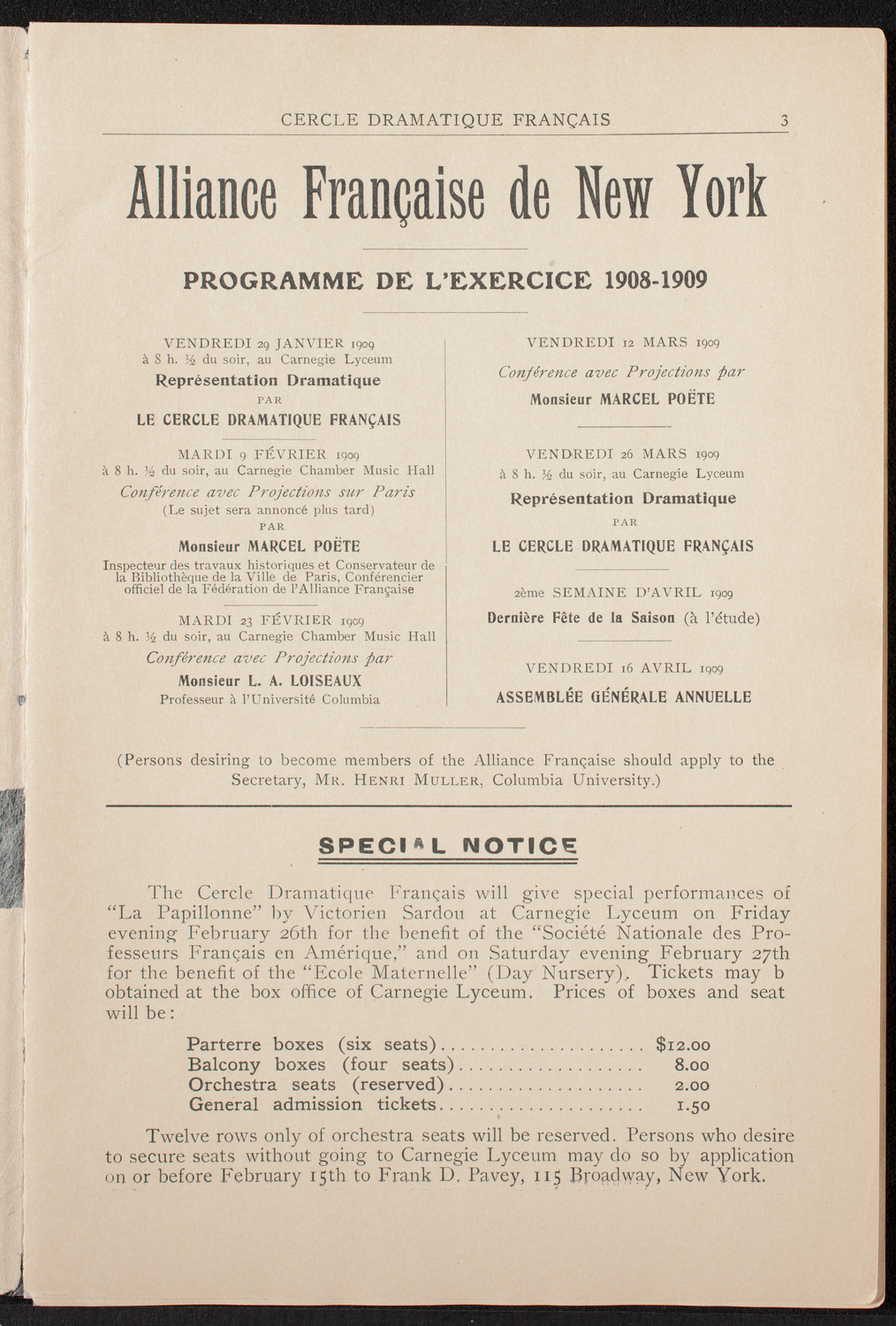 Cercle Dramatique de l'Alliance Française de New York, January 29, 1909, program page 3