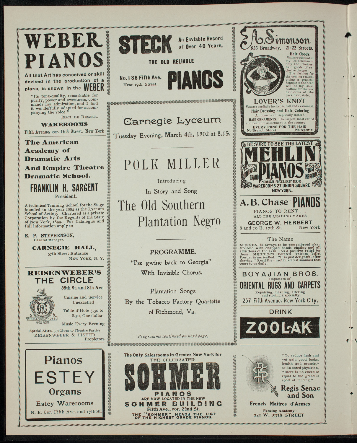 Polk Miller In Story and Song -- "The Old Southern Plantation Negro", March 4, 1902, program page 2