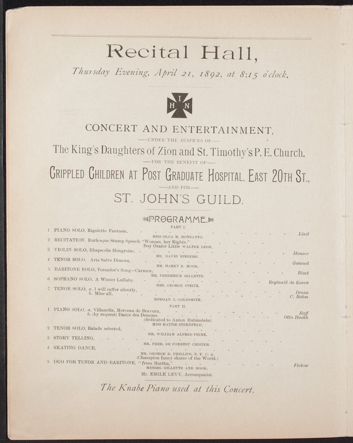 Benefit: Crippled Children at Post Graduate Hospital, April 21, 1892, program page 6