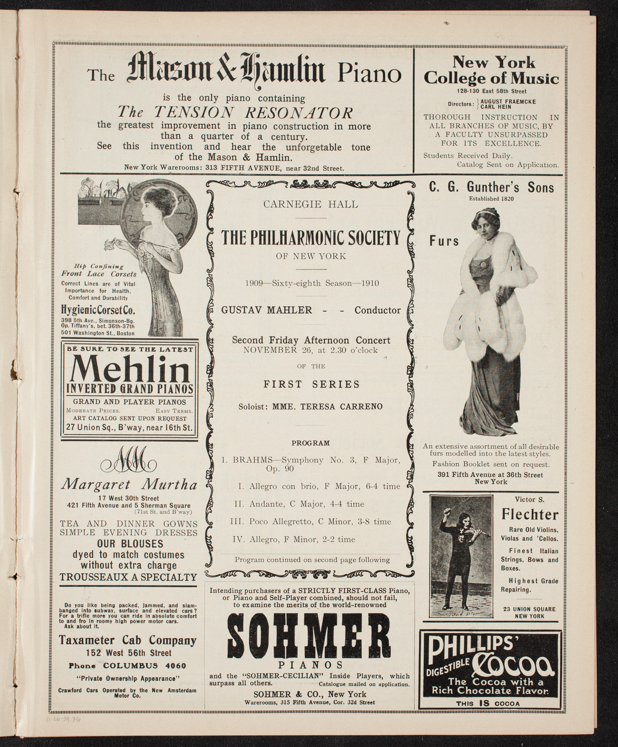 New York Philharmonic, November 26, 1909, program page 5
