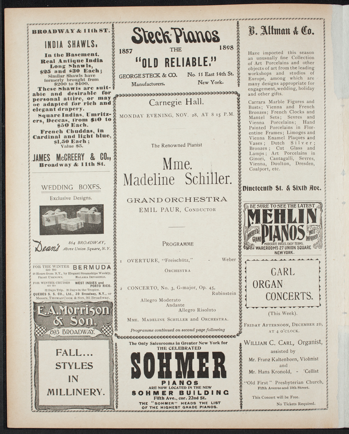Madeline Schiller with Grand Orchestra, November 28, 1898, program page 4