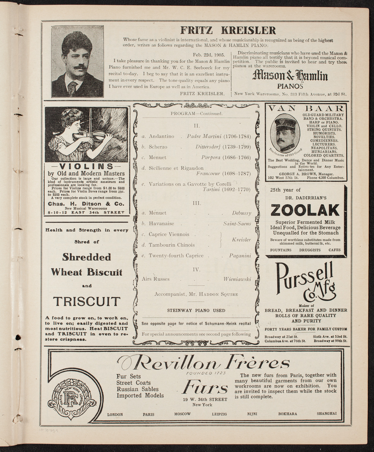 Fritz Kreisler, Violin, October 30, 1909, program page 7