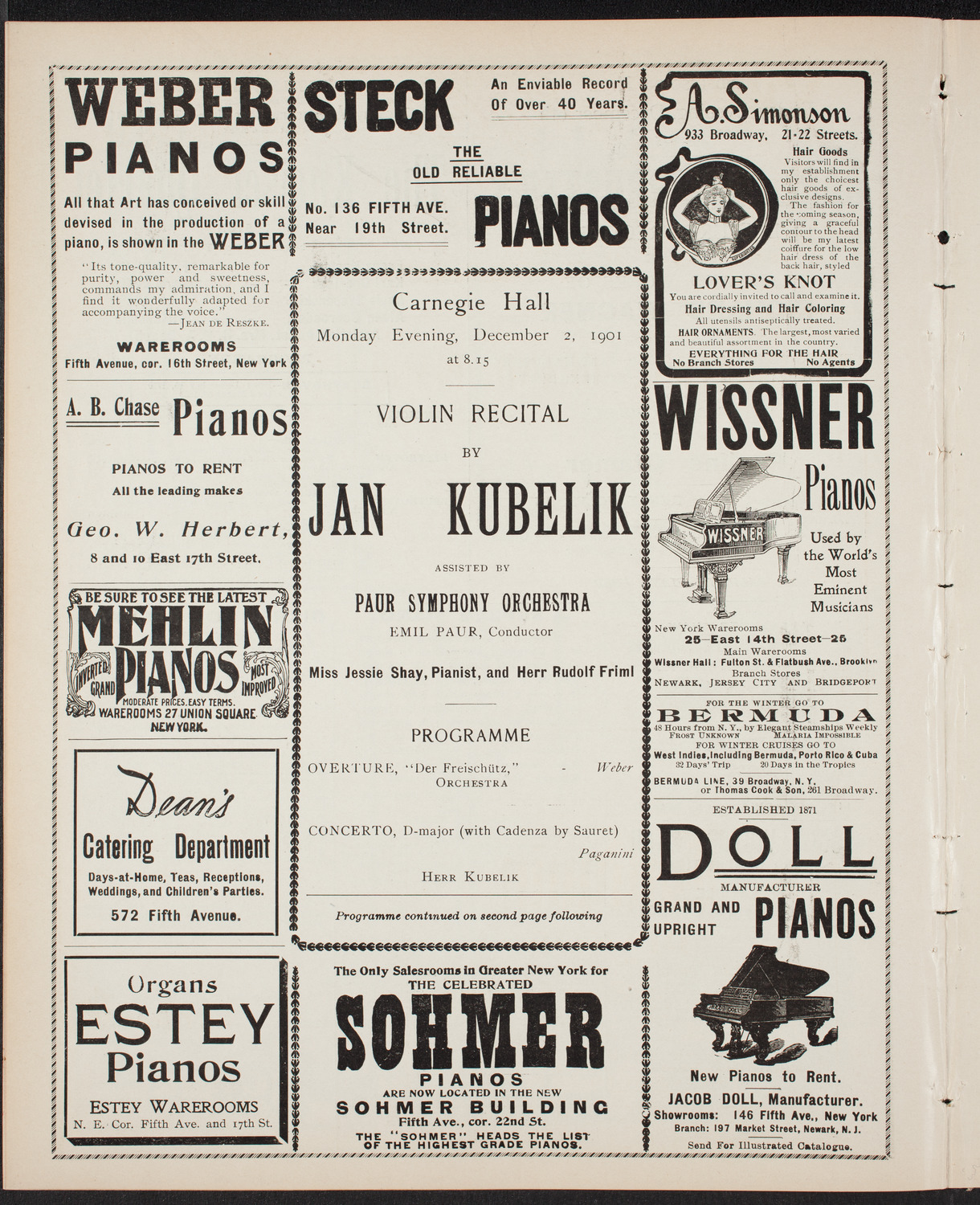 Jan Kubelik, Violin, with the Paur Symphony Orchestra, December 2, 1901, program page 6