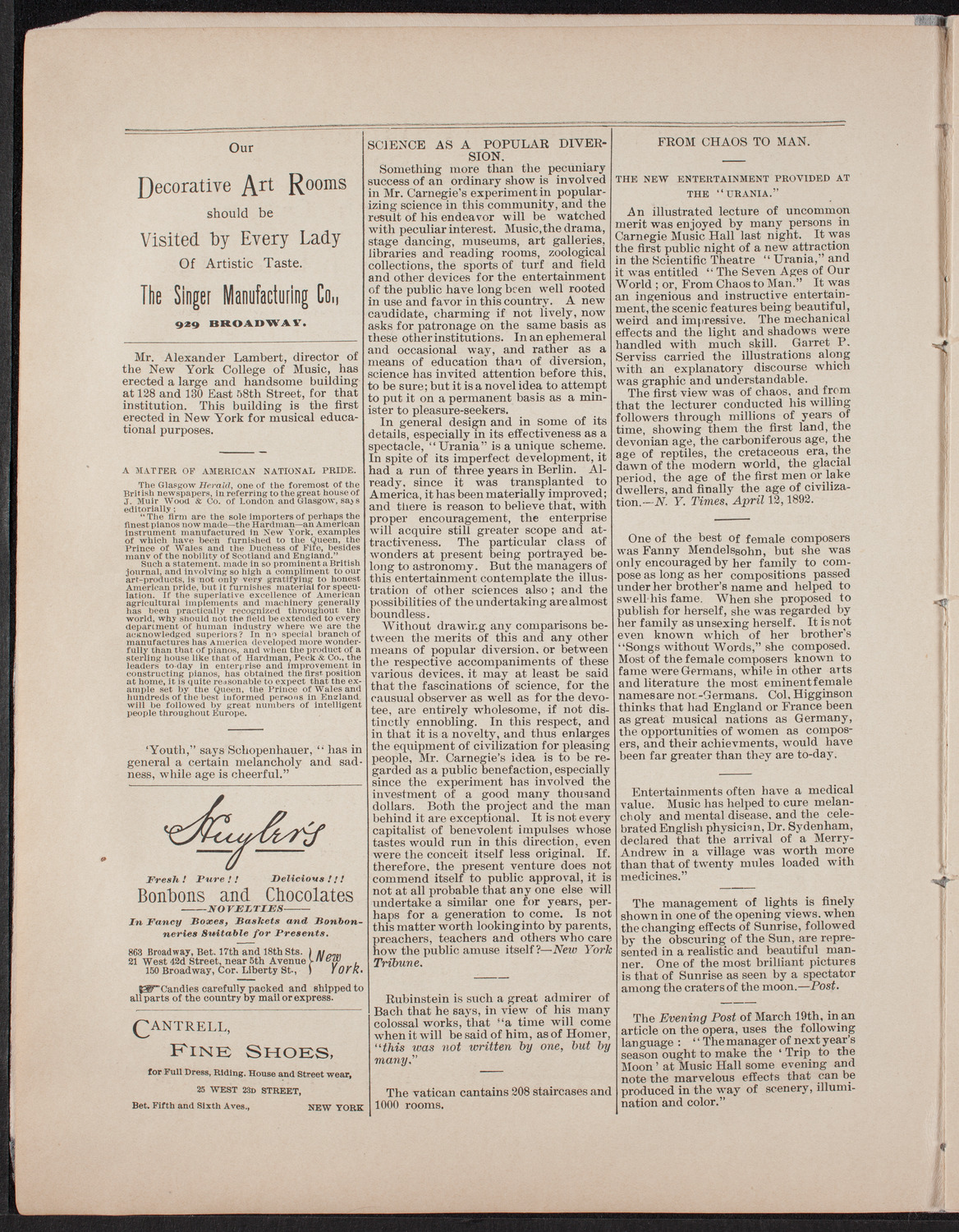 Urania Scientific Theatre, April 20, 1892, program page 4