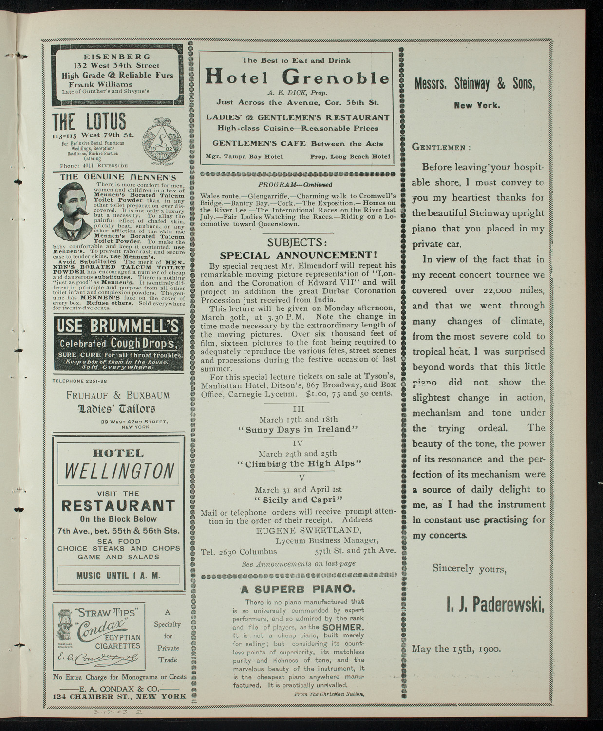 Elmendorf Lecture: Sunny Days in Ireland, March 17, 1903, program page 3