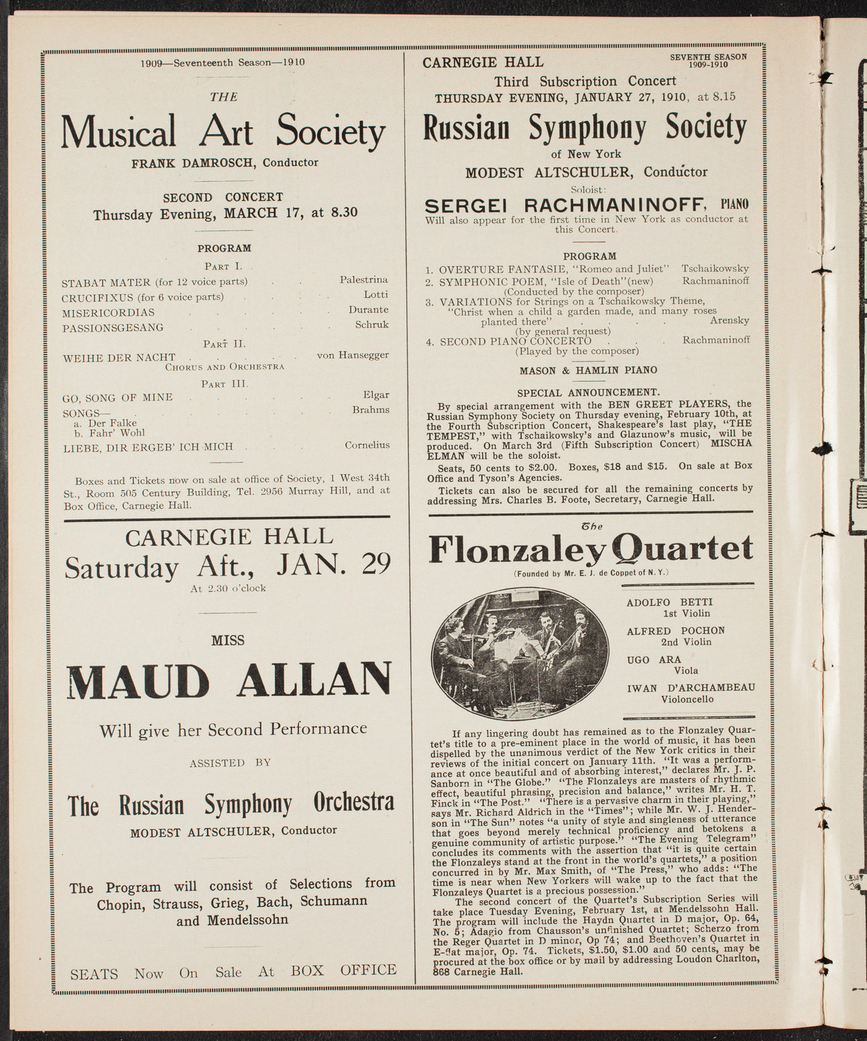 Maud Allan with The Russian Symphony Orchestra, January 20, 1910, program page 10