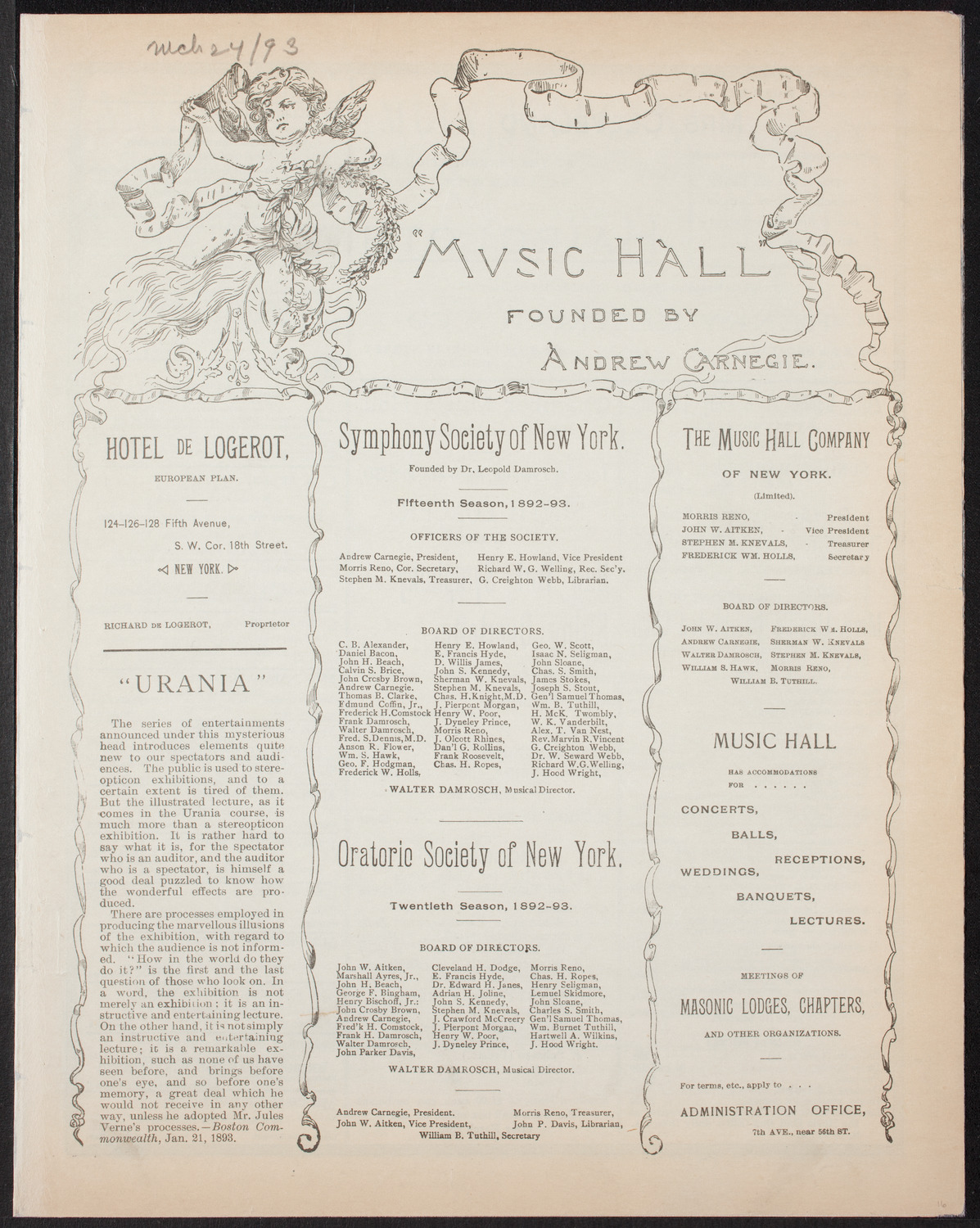 New York Philharmonic, March 24, 1893, program page 1