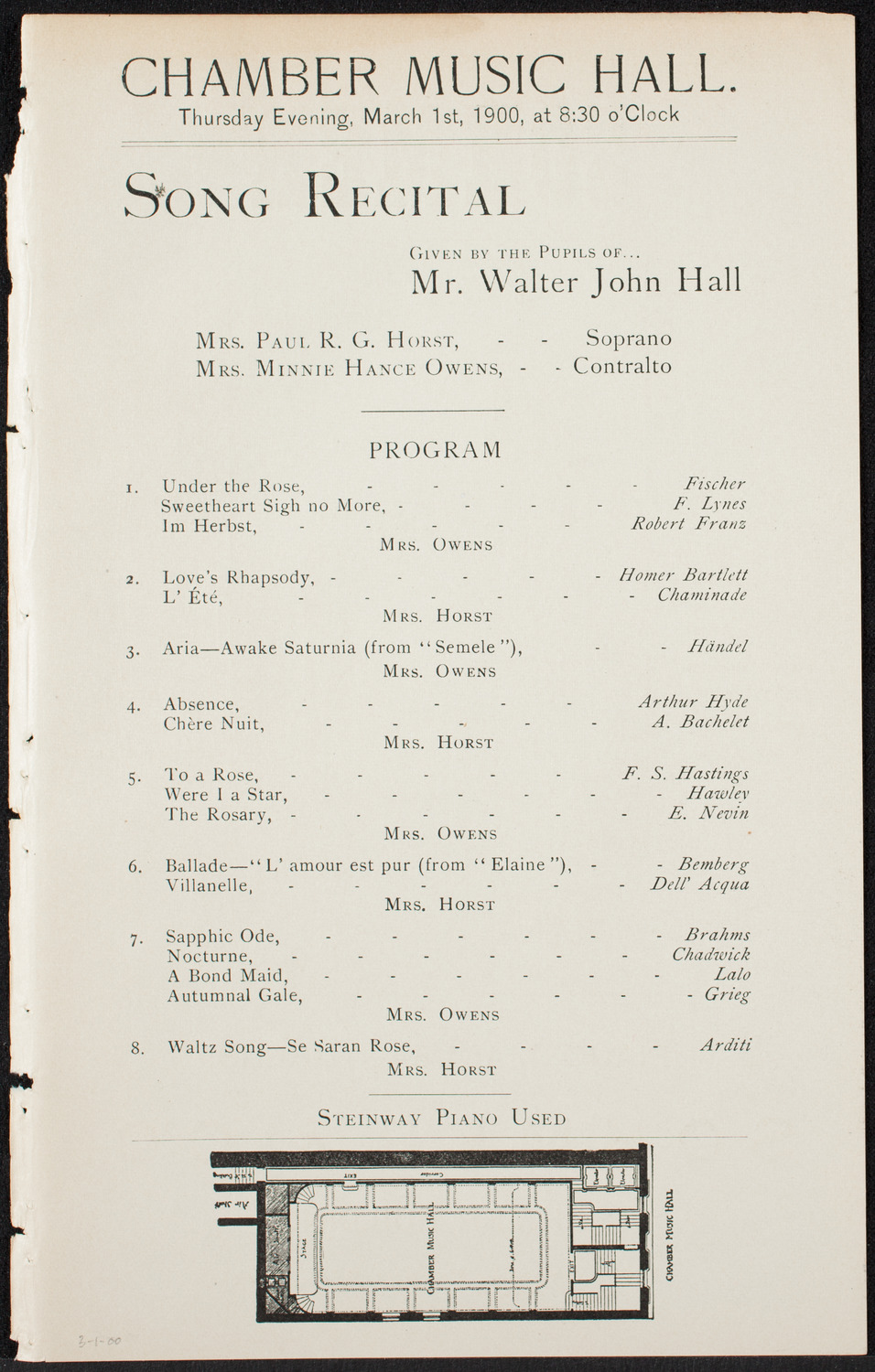 Mrs. Paul R.G. Horst and Mrs. Minnie Hance Owens/ Students of Walter John Hall, March 1, 1900, program page 1