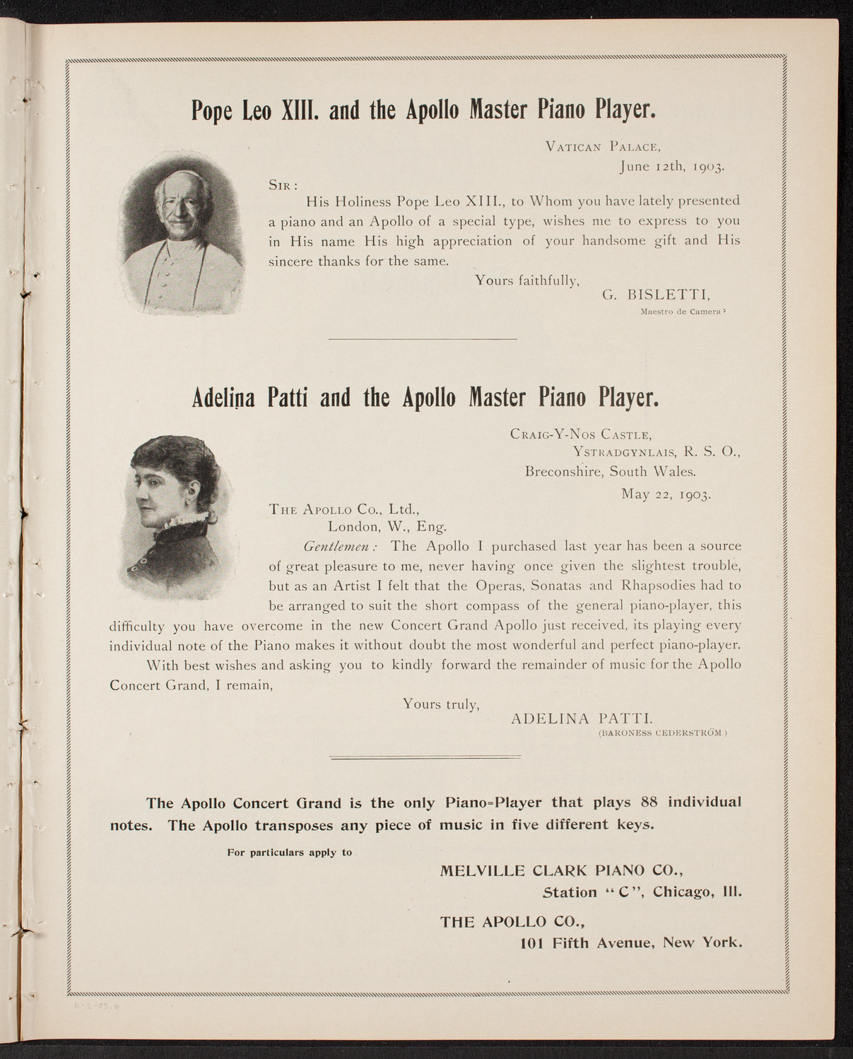 Adelina Patti, November 2, 1903, program page 11