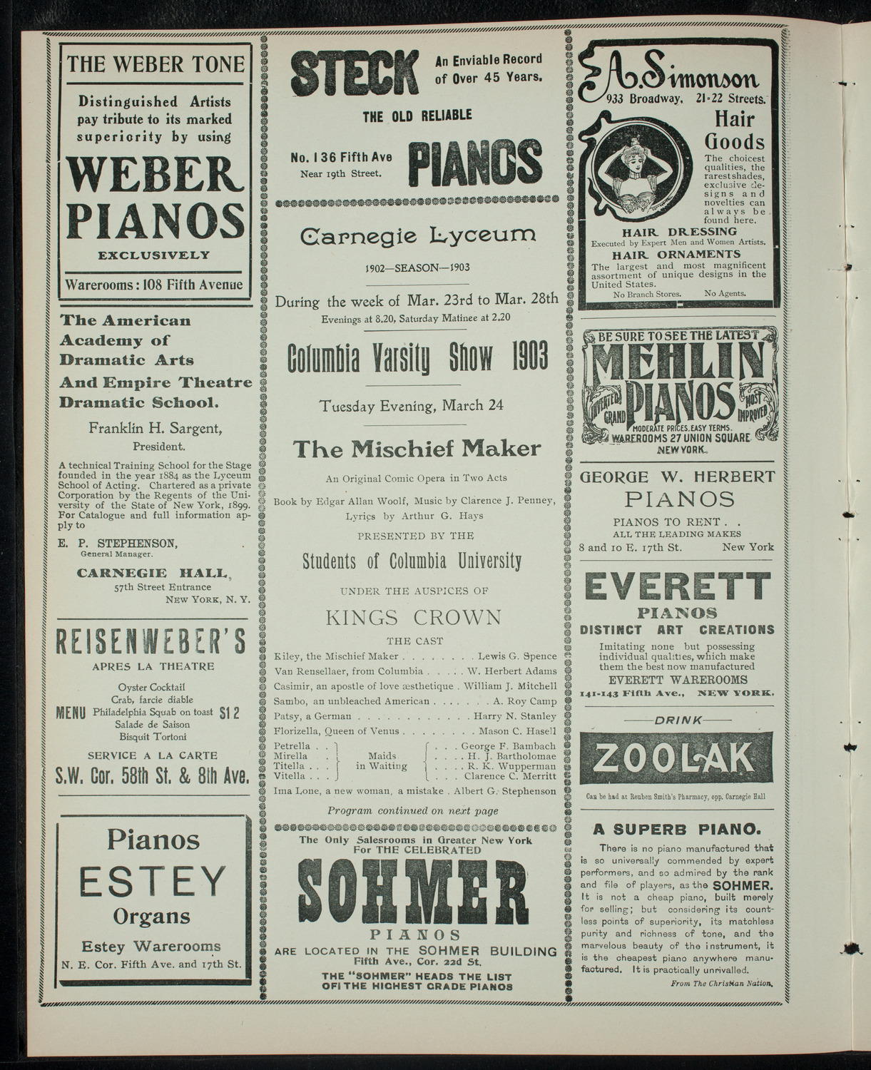 Columbia Varsity Show 1903, March 24, 1903, program page 2