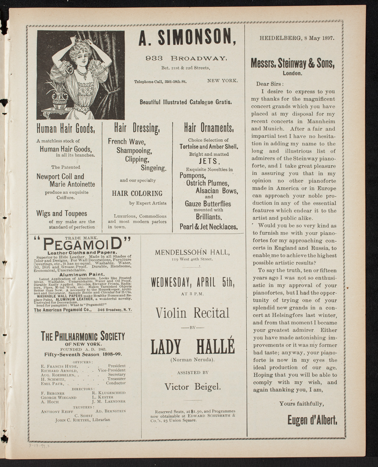 New York Philharmonic, March 17, 1899, program page 5