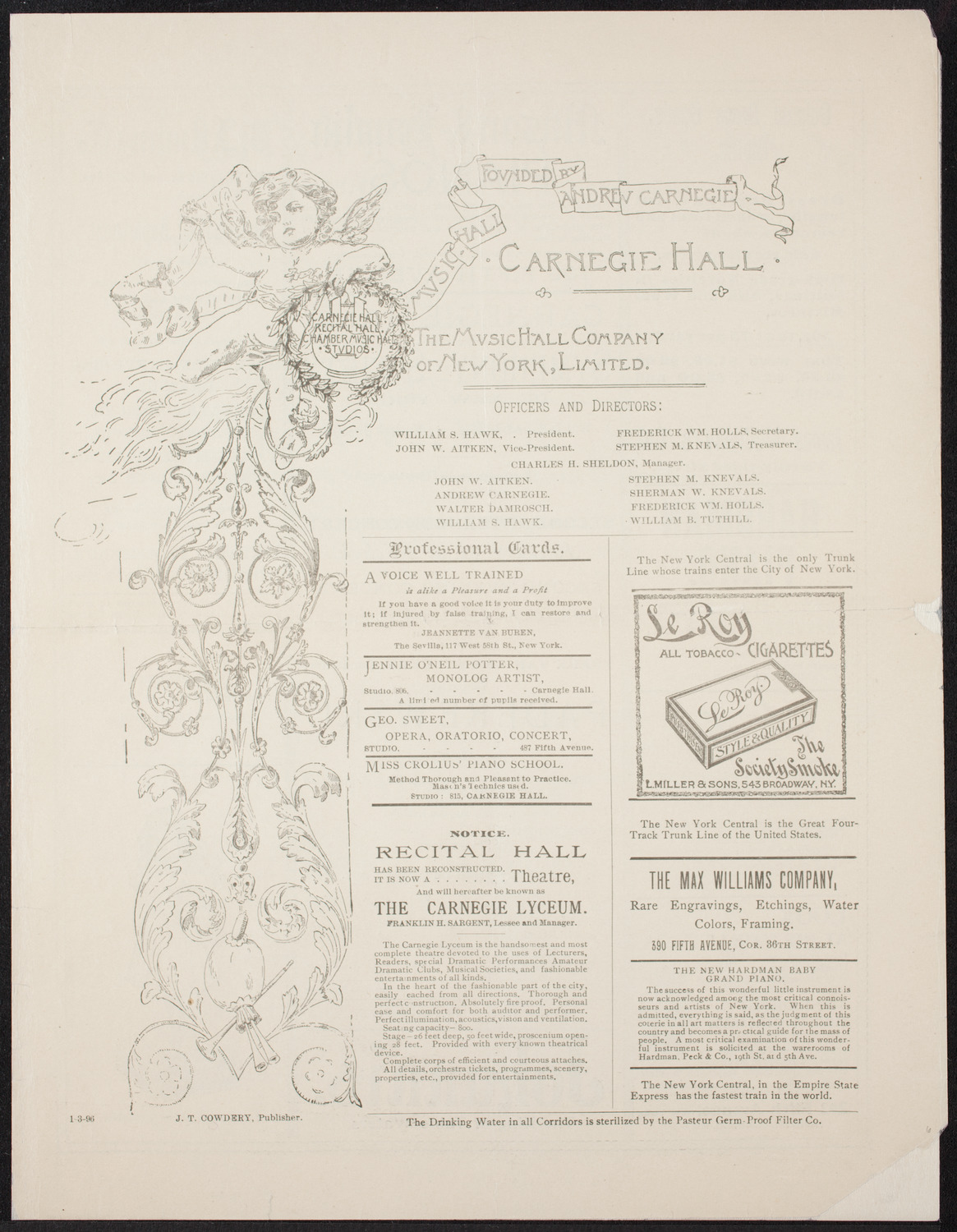 New York Symphony Orchestra, January 3, 1896, program page 1