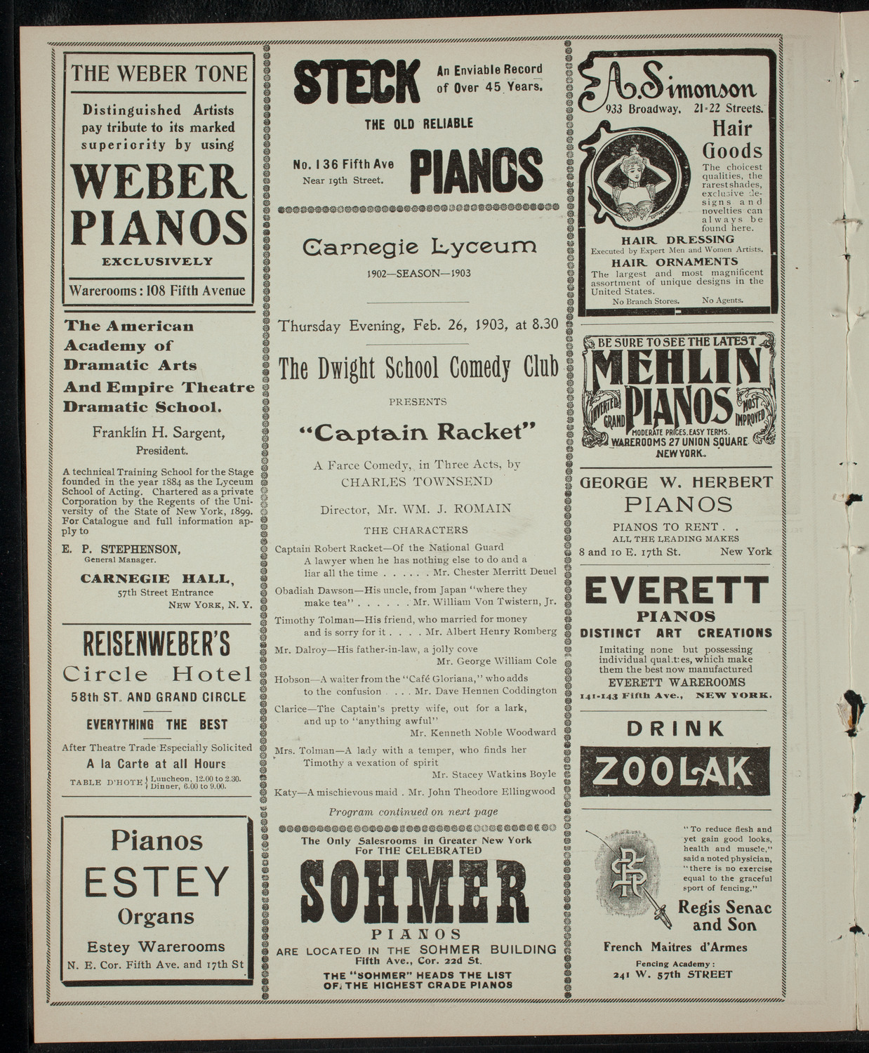 Dwight School Comedy Club, February 26, 1903, program page 2