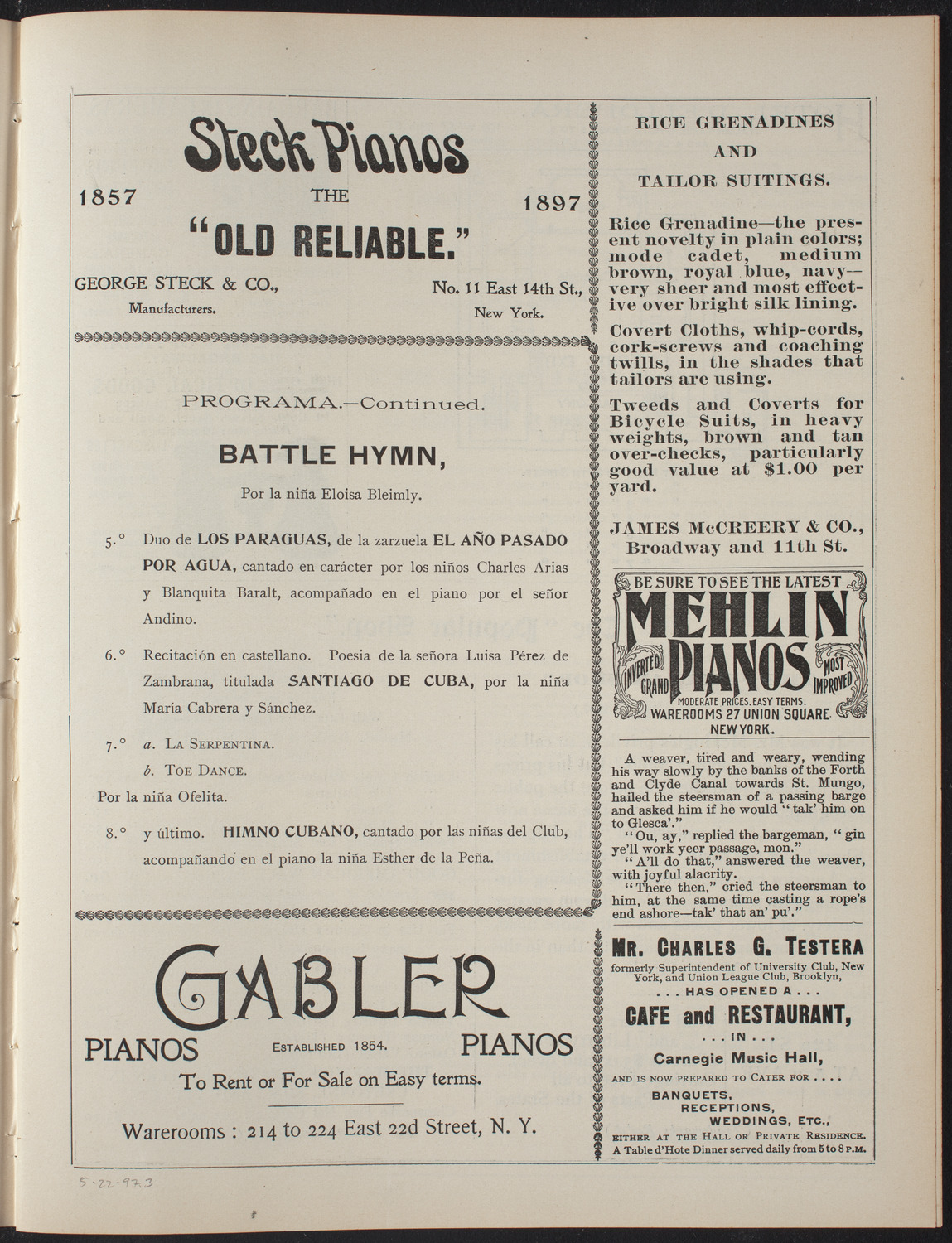 Club de Ninas "Las Dos Banderas": Benefit for the Wounded Cubans of the Campaign, May 22, 1897, program page 5