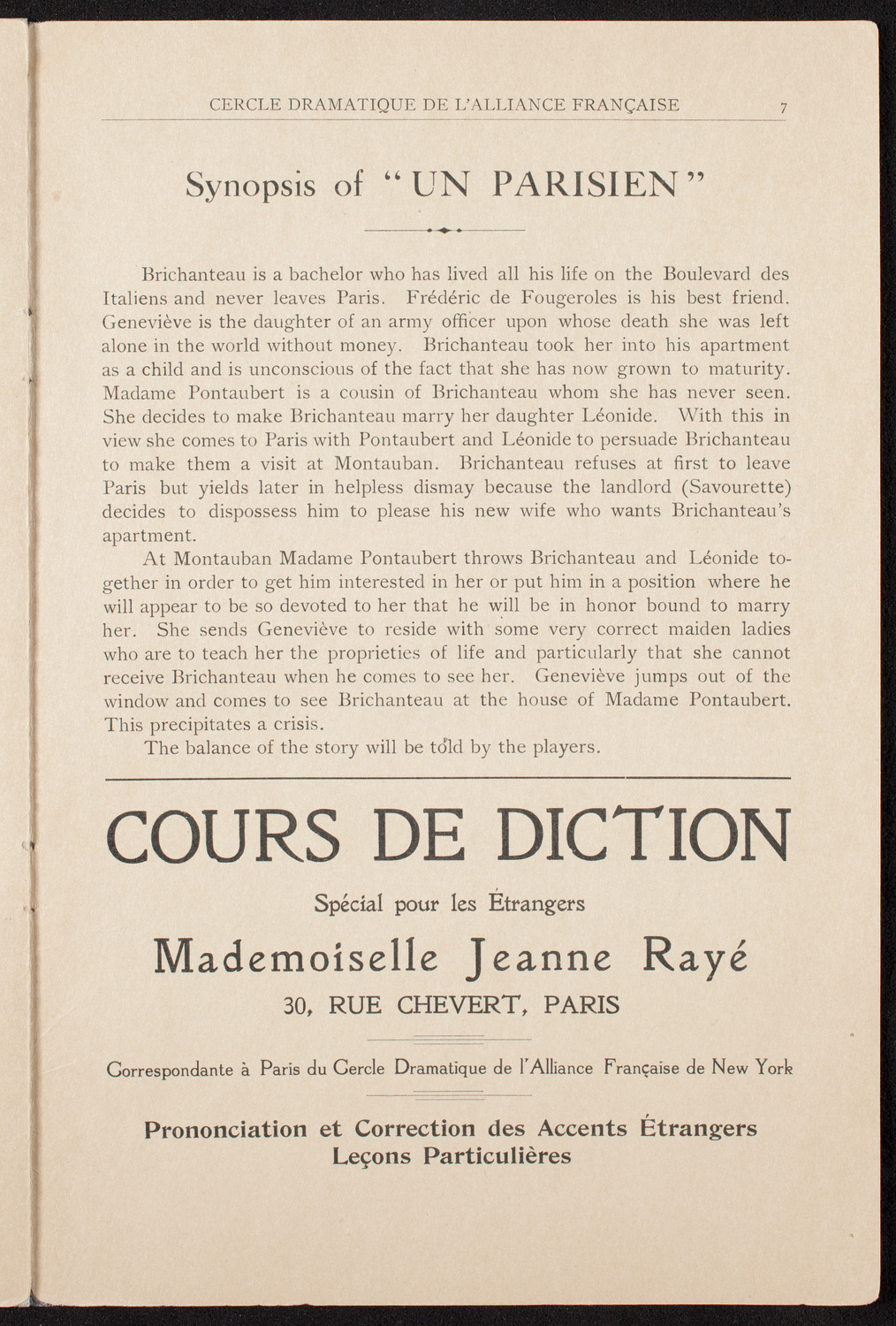 Cercle Dramatique de l'Alliance Française de New York, March 27, 1909, program page 7