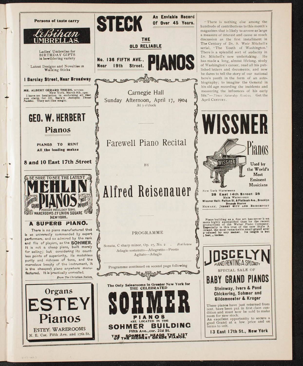 Alfred Reisenauer, Piano, April 17, 1904, program page 5