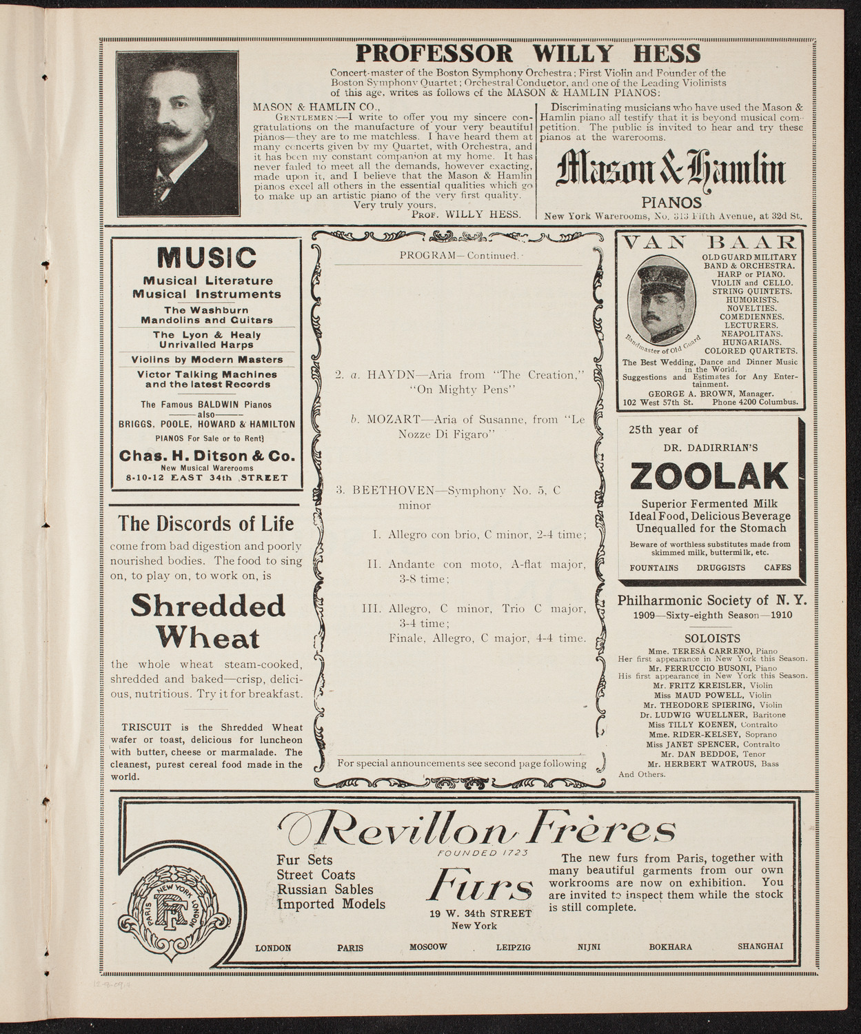 New York Philharmonic, December 8, 1909, program page 7
