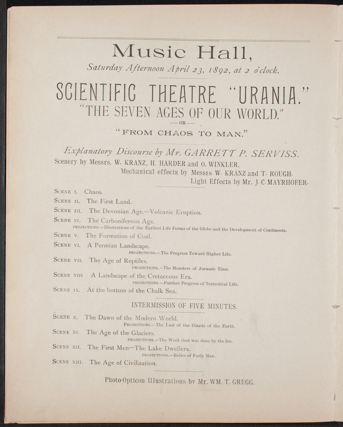Urania Scientific Theatre, April 23, 1892, program page 6