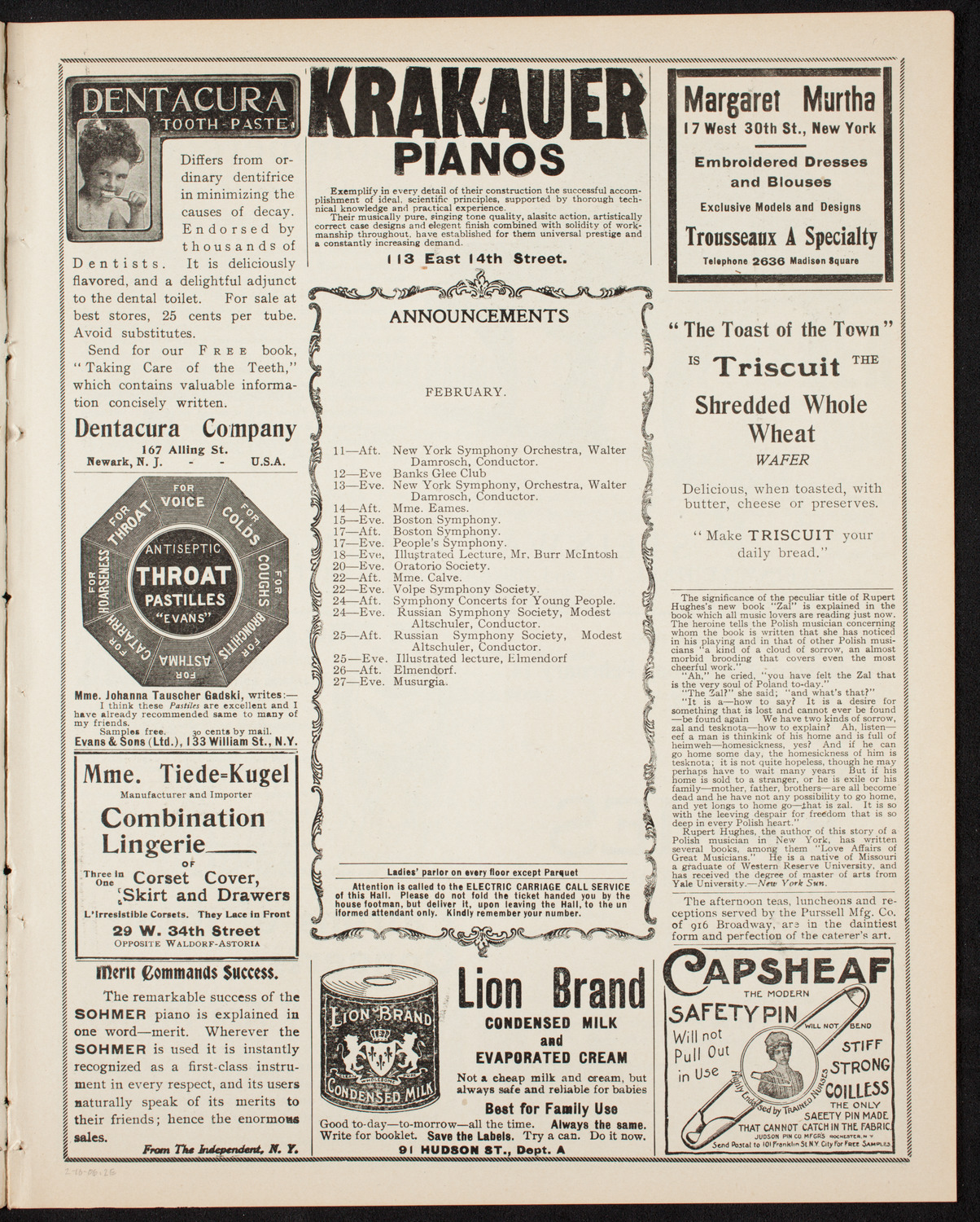 New York Philharmonic, February 10, 1906, program page 3