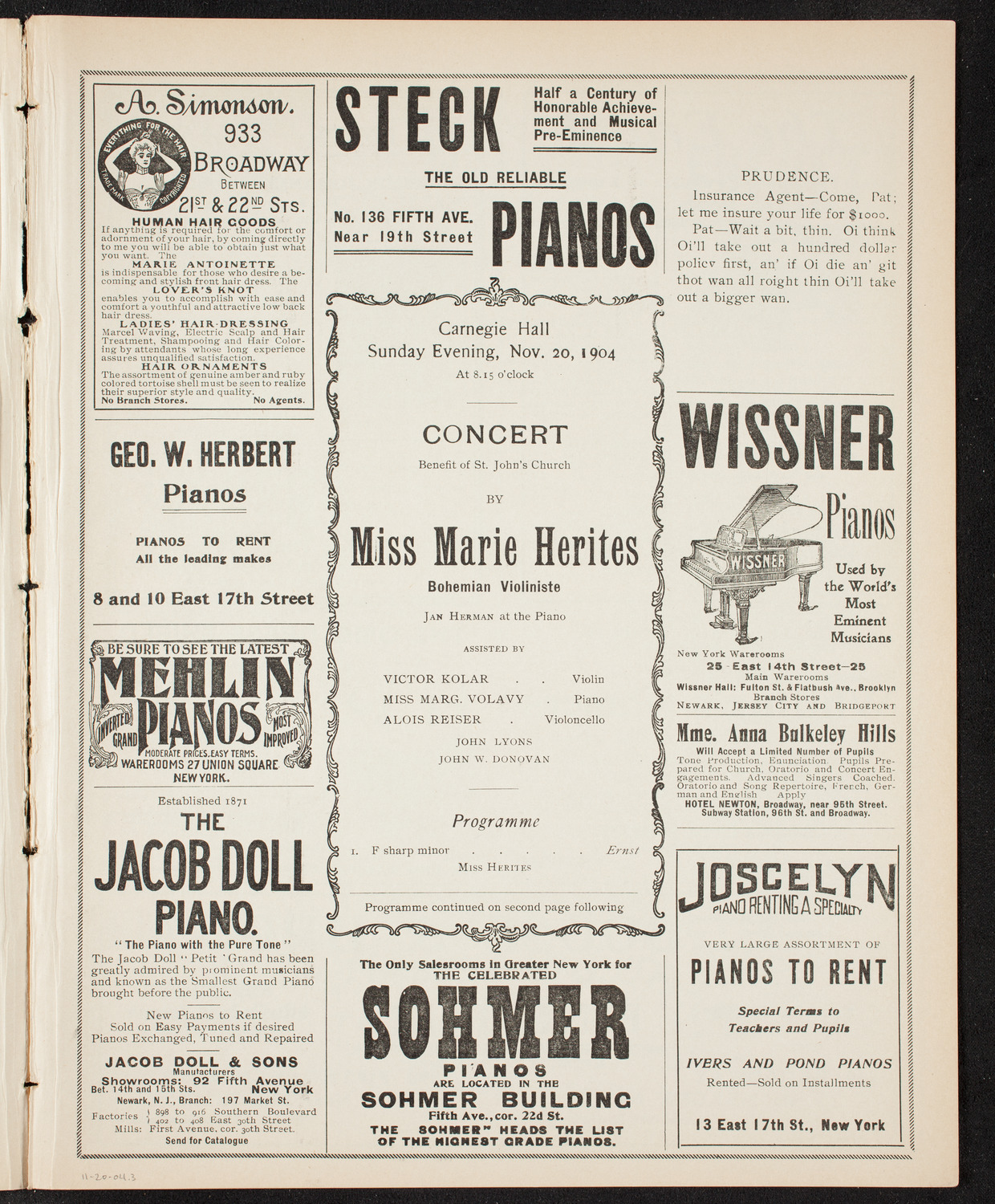 Marie Herites, Violin, November 20, 1904, program page 5