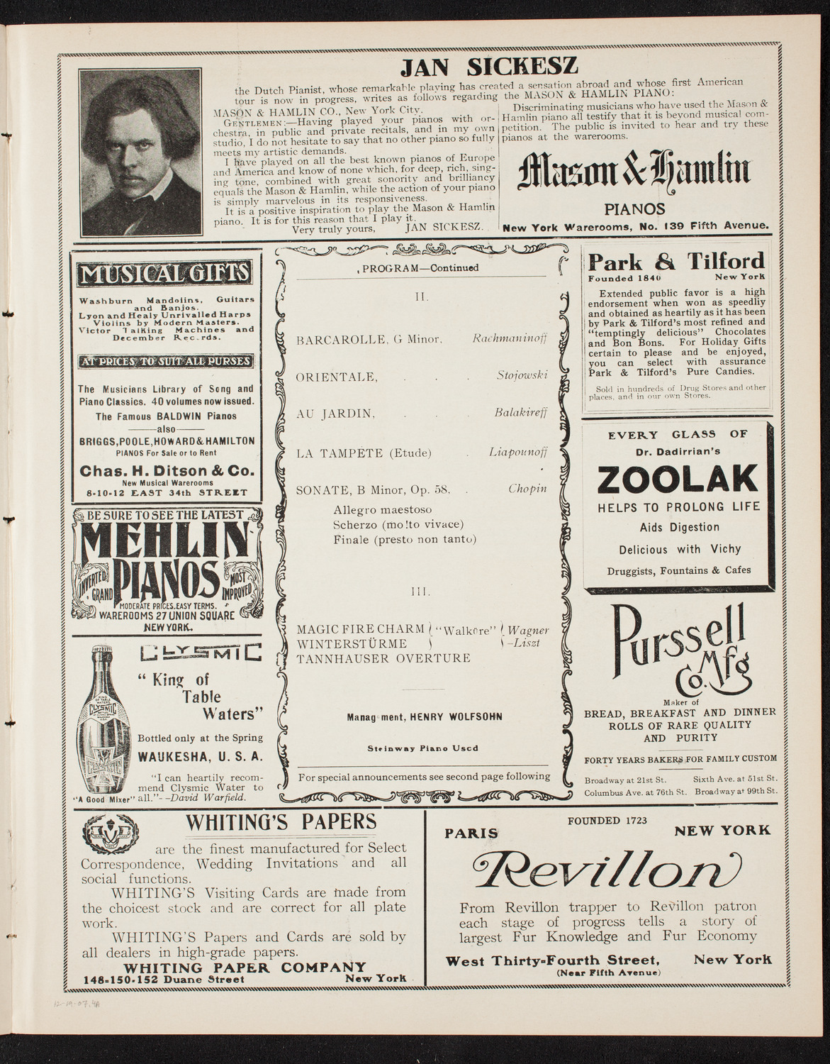 Josef Hofmann, Piano, December 19, 1907, program page 7